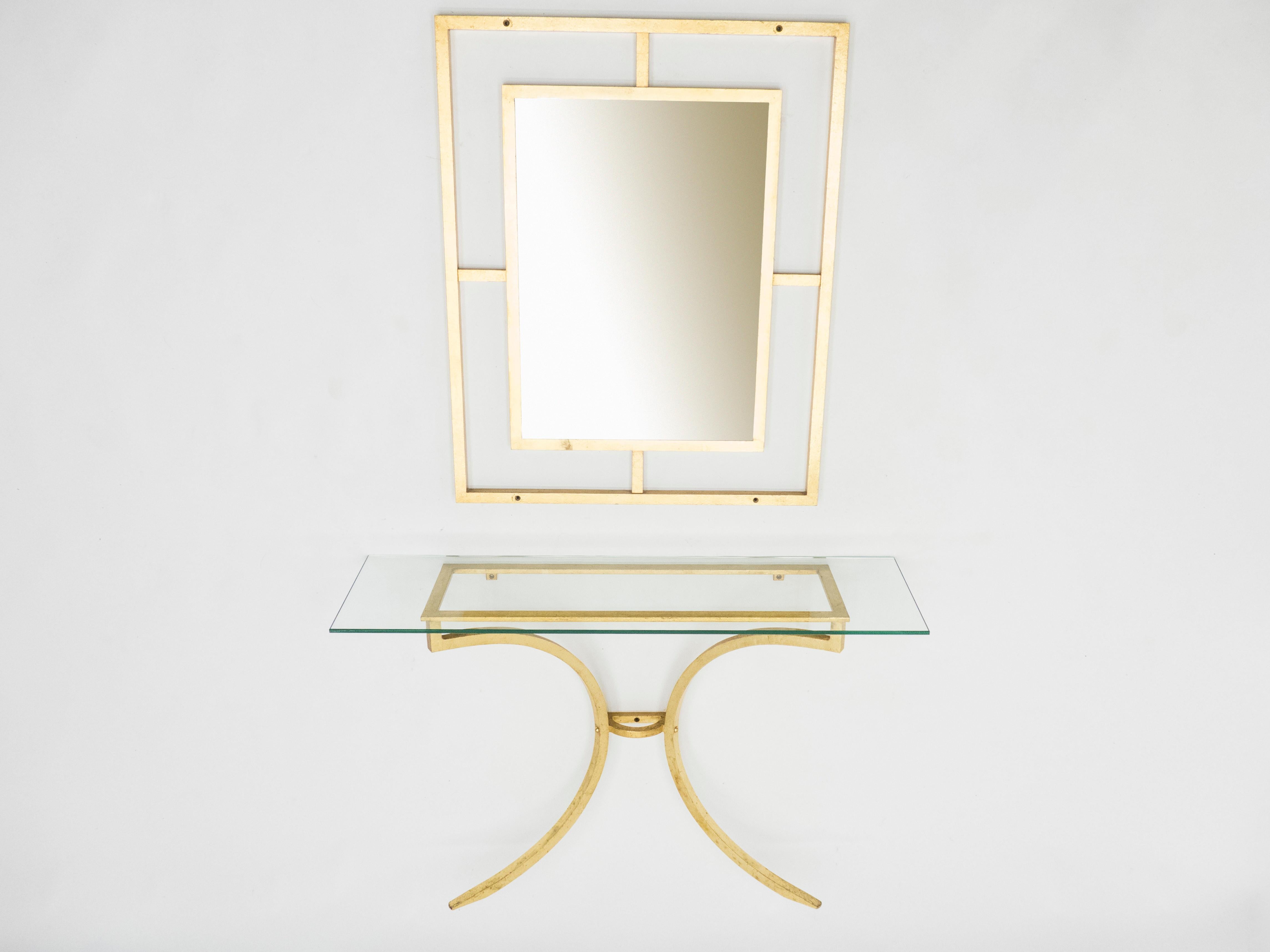 Milieu du XXe siècle Rare table console Roger Thibier en fer forgé doré à feuilles d'or avec miroir, années 1960 en vente