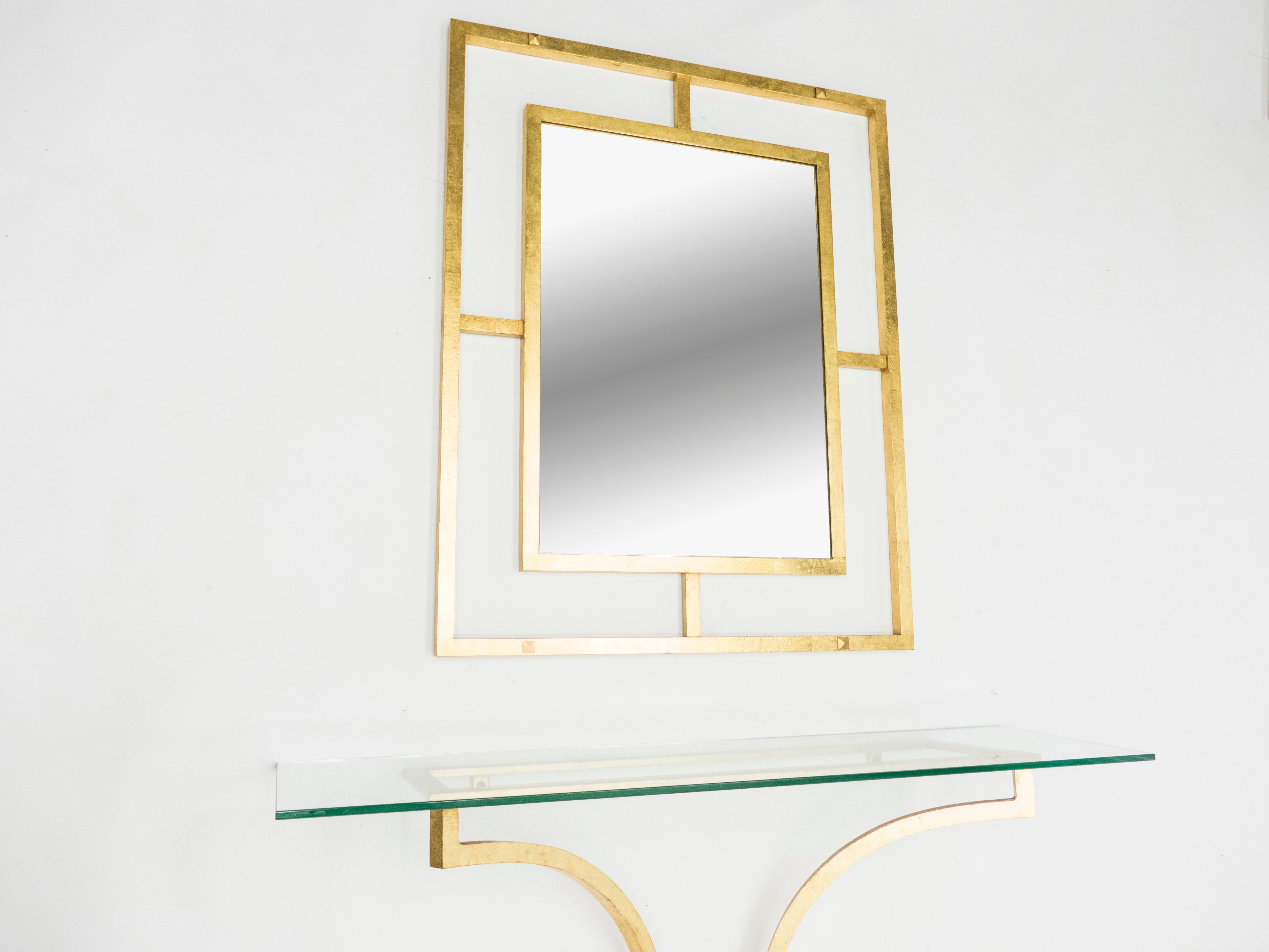 Milieu du XXe siècle Rare table console Roger Thibier en fer forgé doré à feuilles d'or avec miroir, années 1960