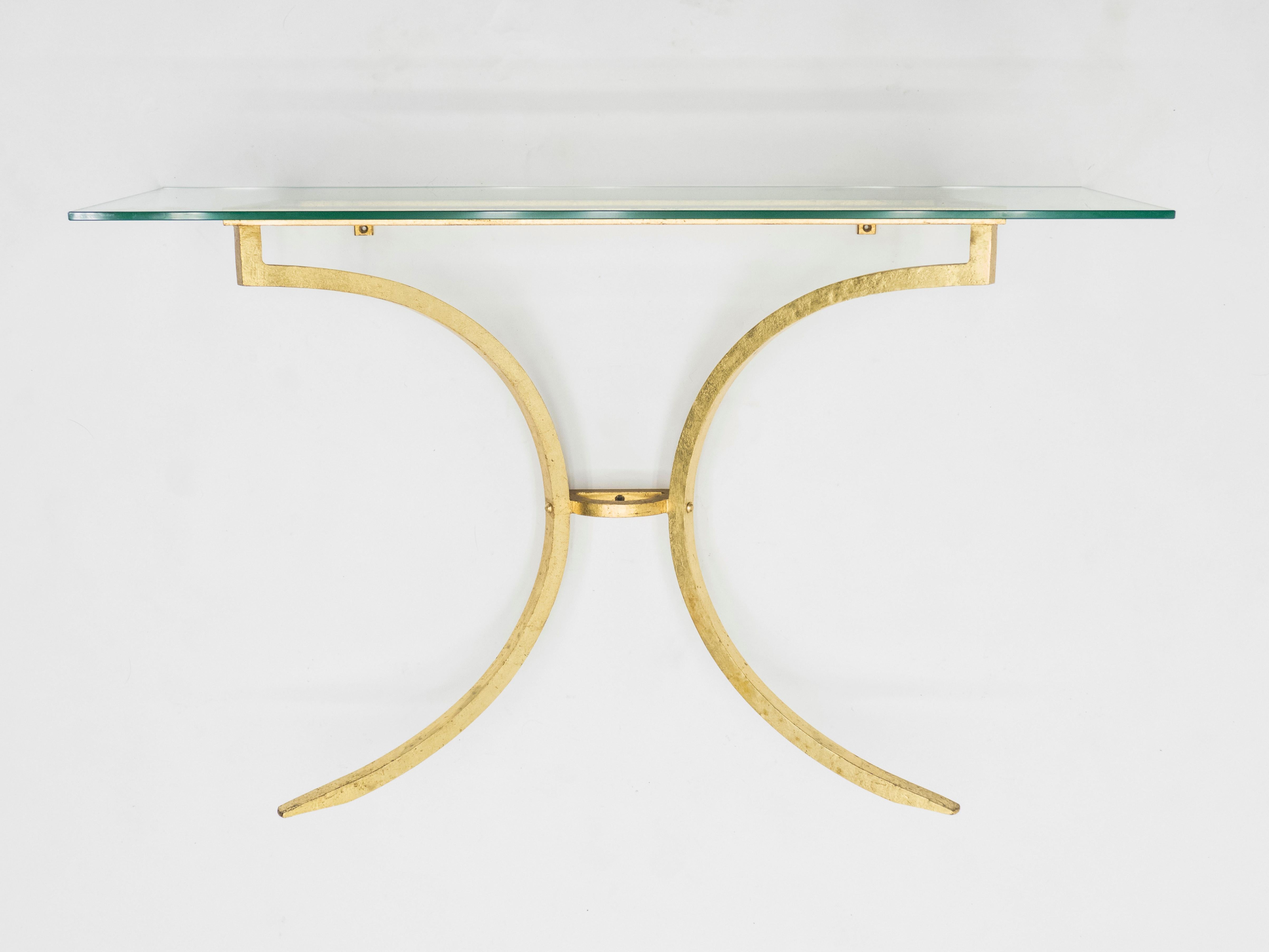 Rare table console Roger Thibier en fer forgé doré à feuilles d'or avec miroir, années 1960 en vente 1