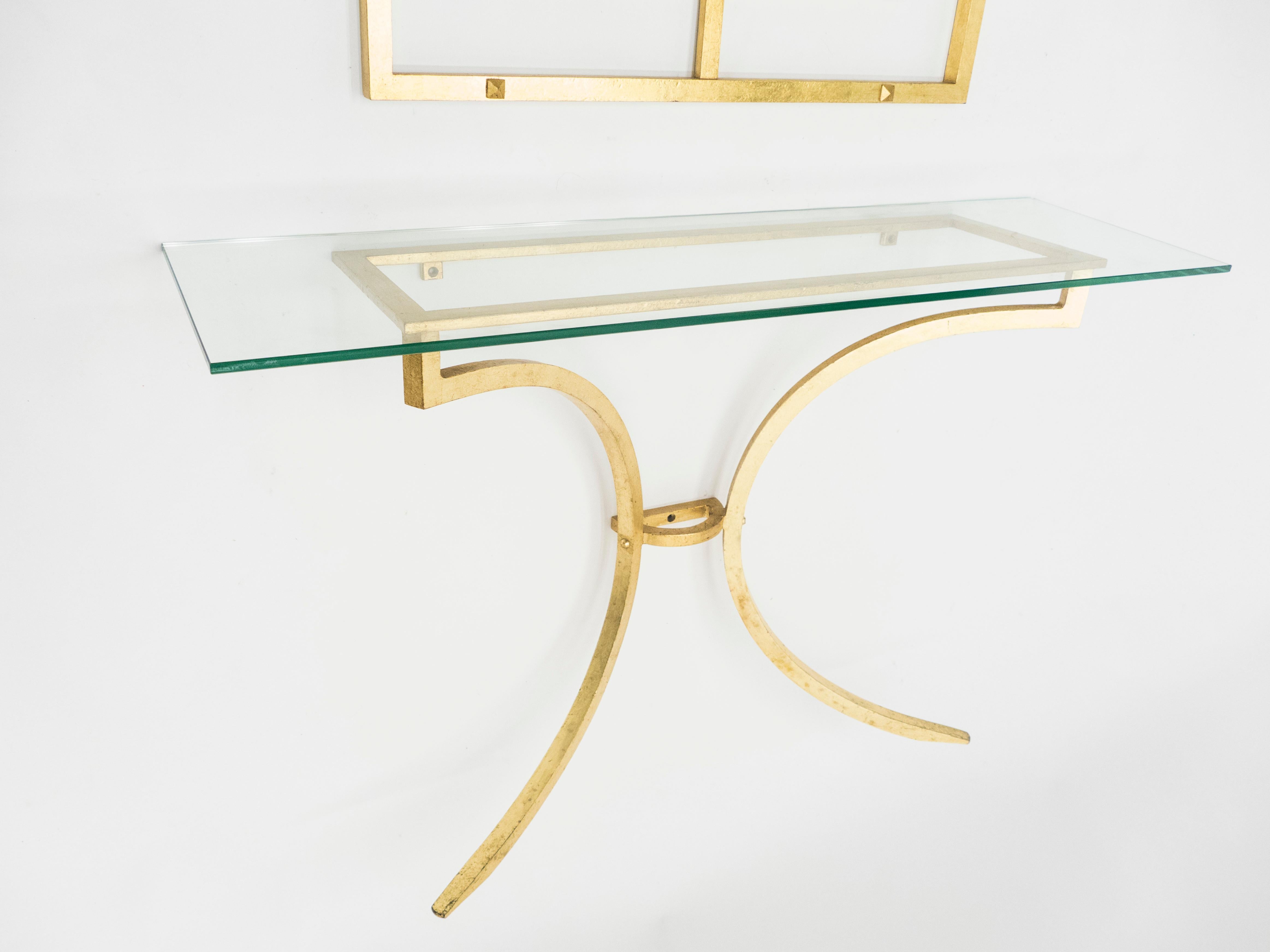 Rare table console Roger Thibier en fer forgé doré à feuilles d'or avec miroir, années 1960 1