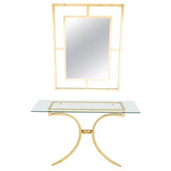 Retro Rare Roger Thibier Gilt Wrought Iron Gold Leaf Console Table with Mirror, 1960s