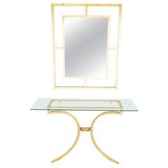 Rare table console Roger Thibier en fer forgé doré à feuilles d'or avec miroir, années 1960