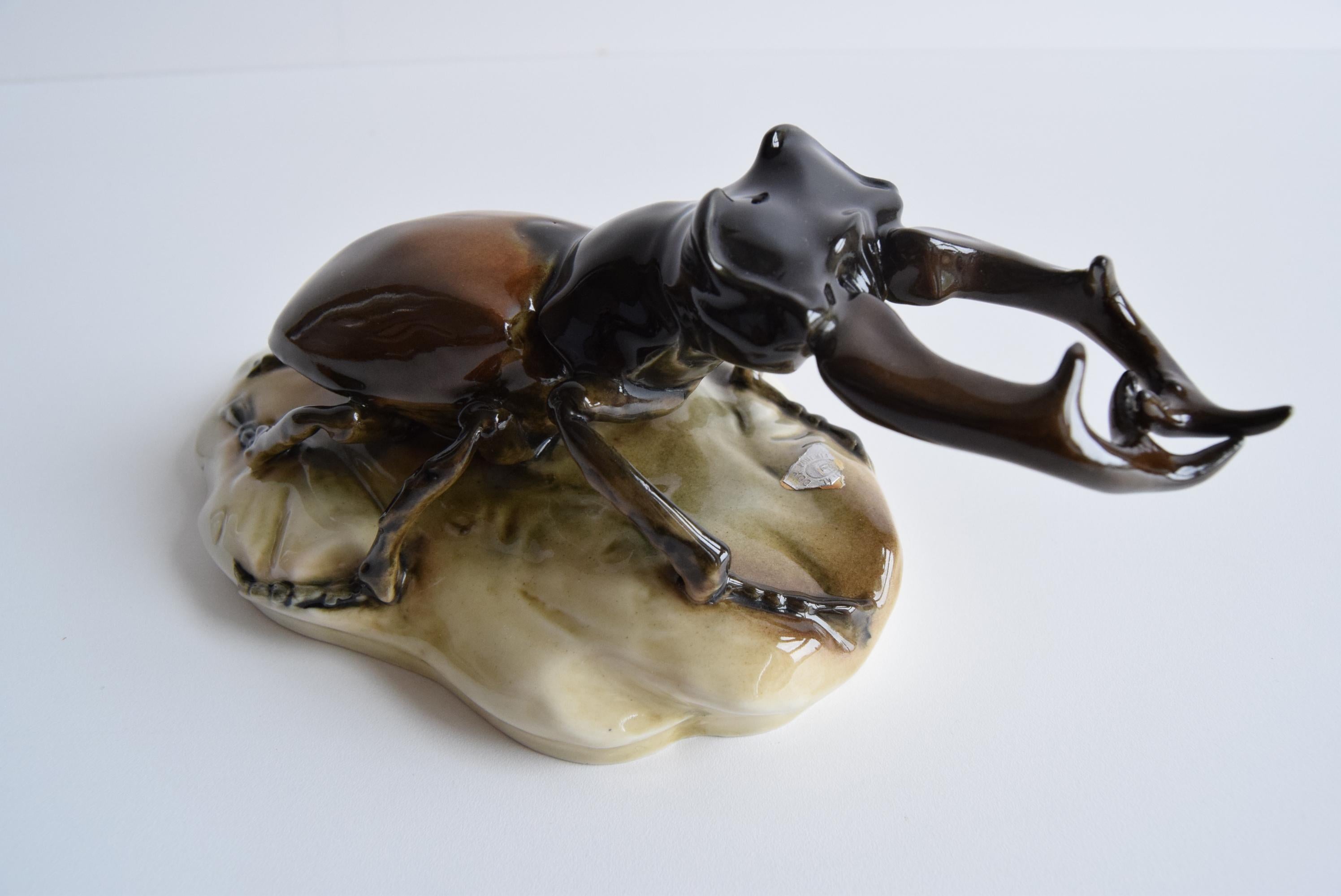 Mid-Century Modern Rare Stag Beetle Porcelain Statue by Royal Dux, 1960's.