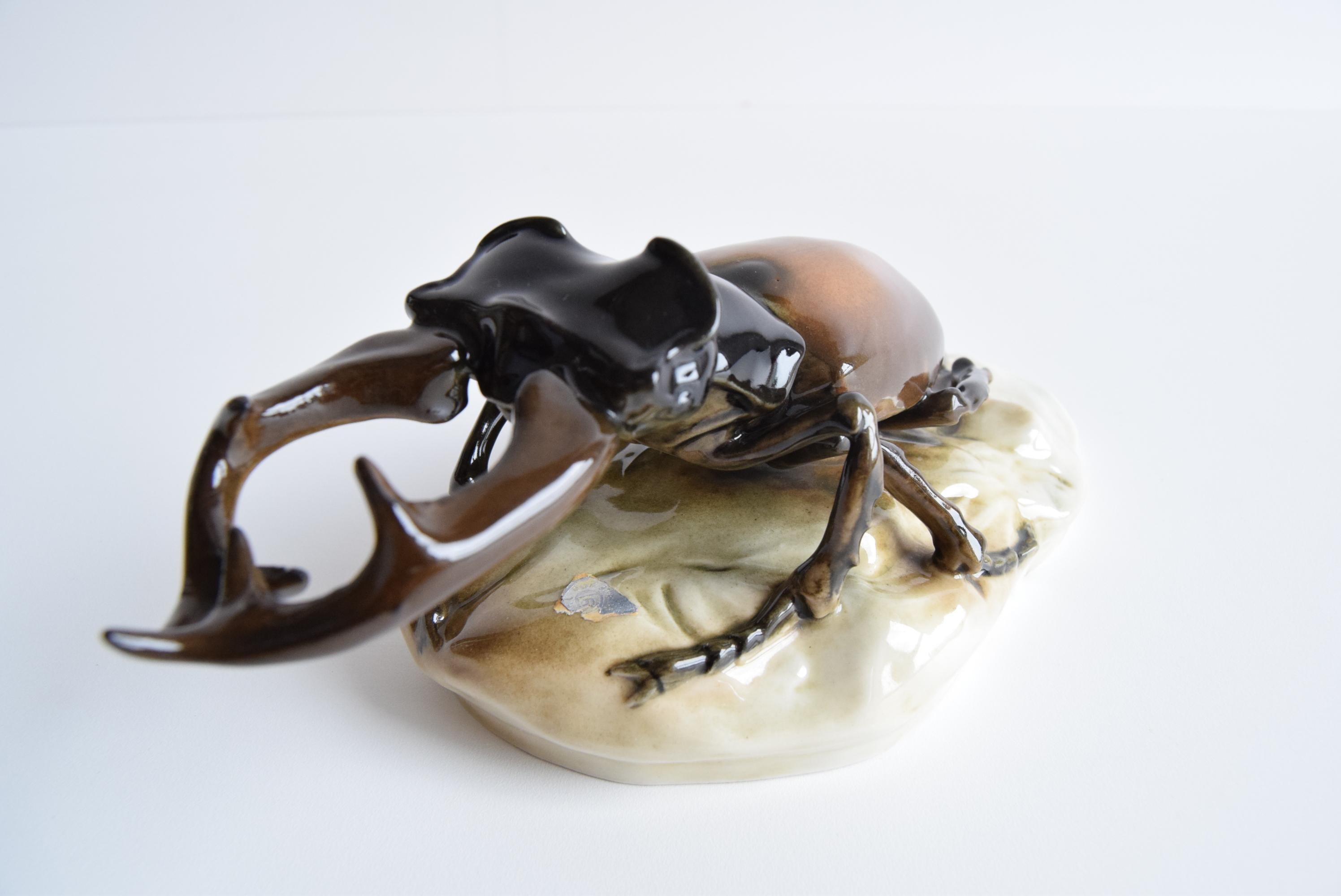 Glazed Rare Stag Beetle Porcelain Statue by Royal Dux, 1960's.
