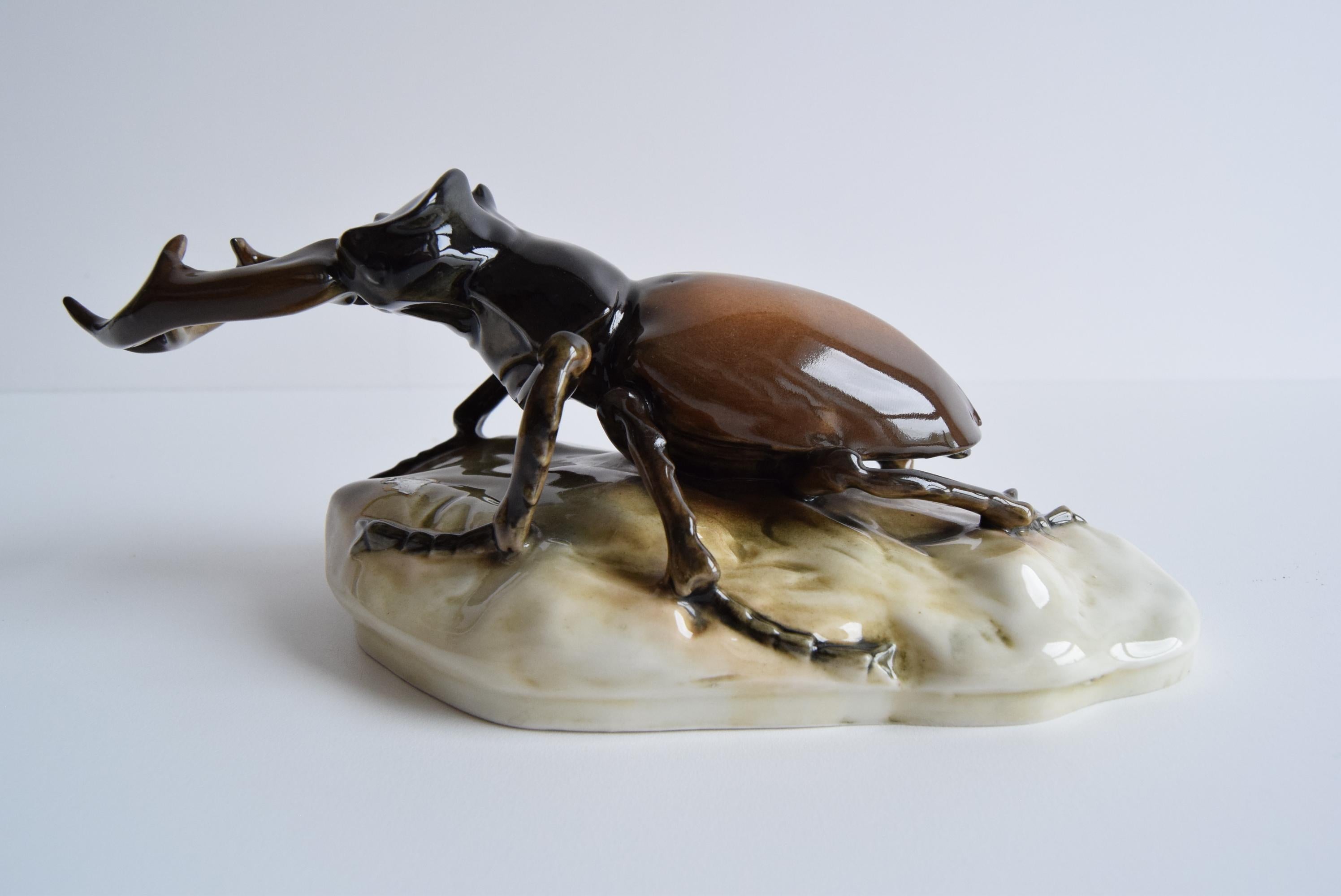 Rare Stag Beetle Porcelain Statue by Royal Dux, 1960's. In Good Condition In Praha, CZ