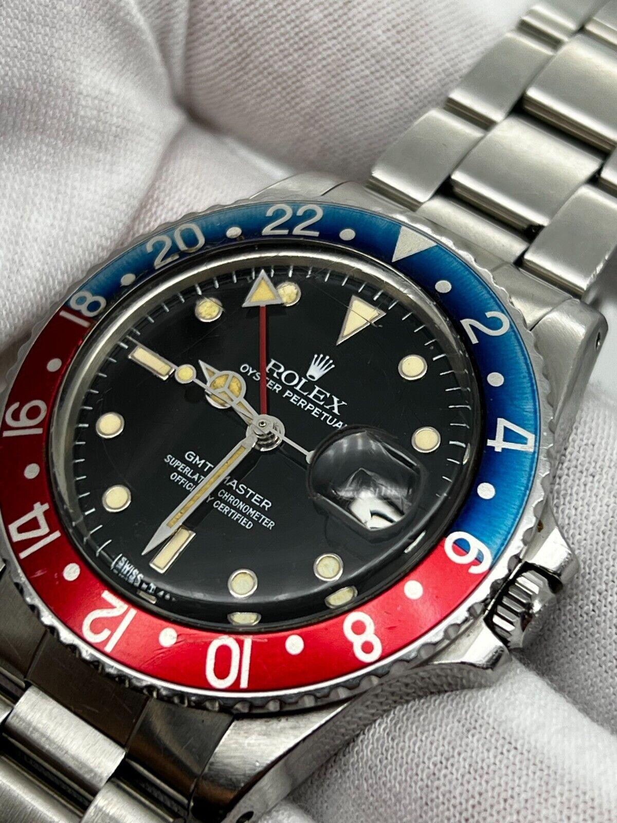 Rare Rolex 16750 GMT Master Pepsi Stainless Steel Original Spider Glossy Dial For Sale 4