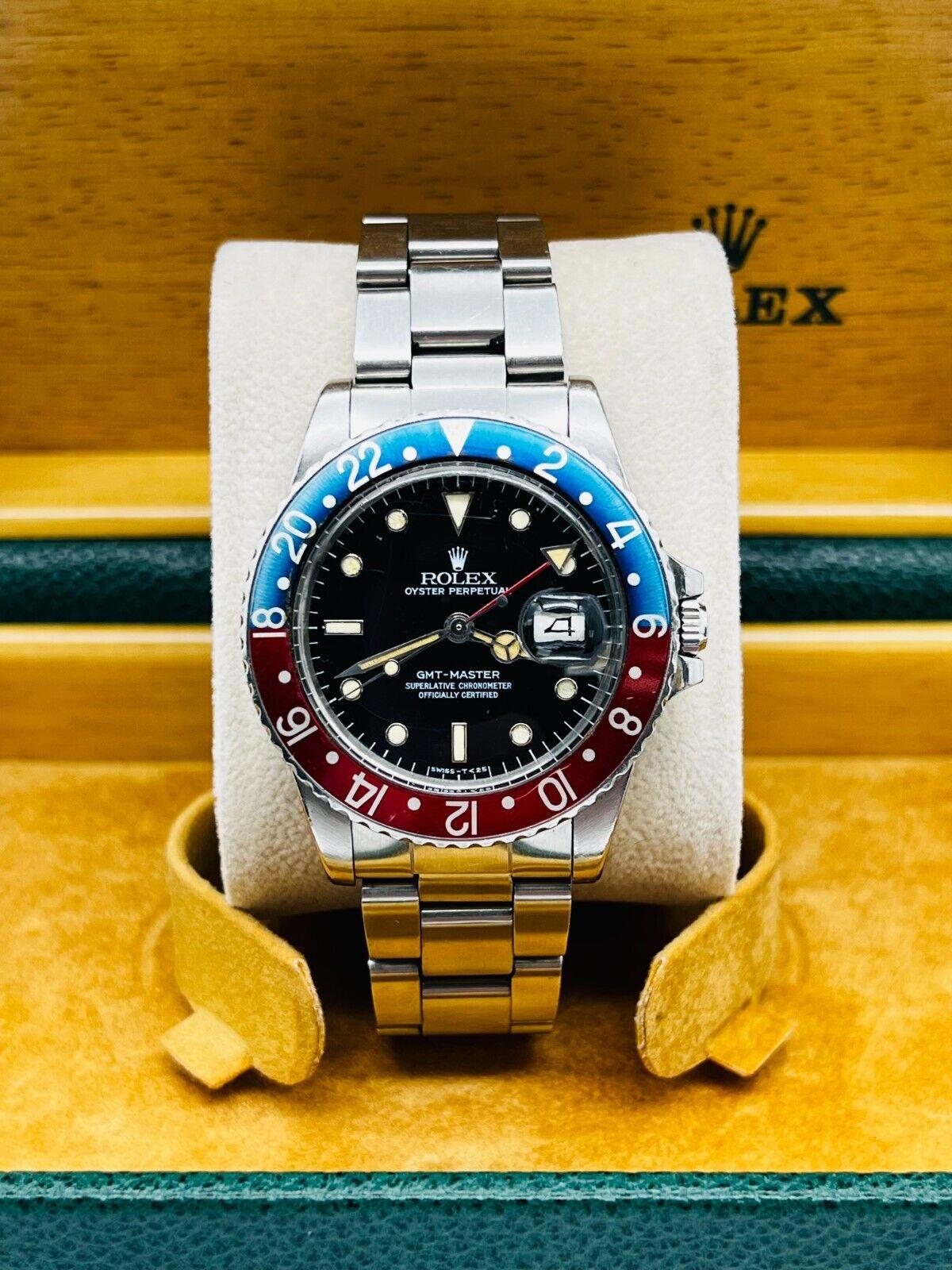 Rolex 16750 GMT Master Pepsi en acier inoxydable avec cadran original Spider Glossy en vente 11