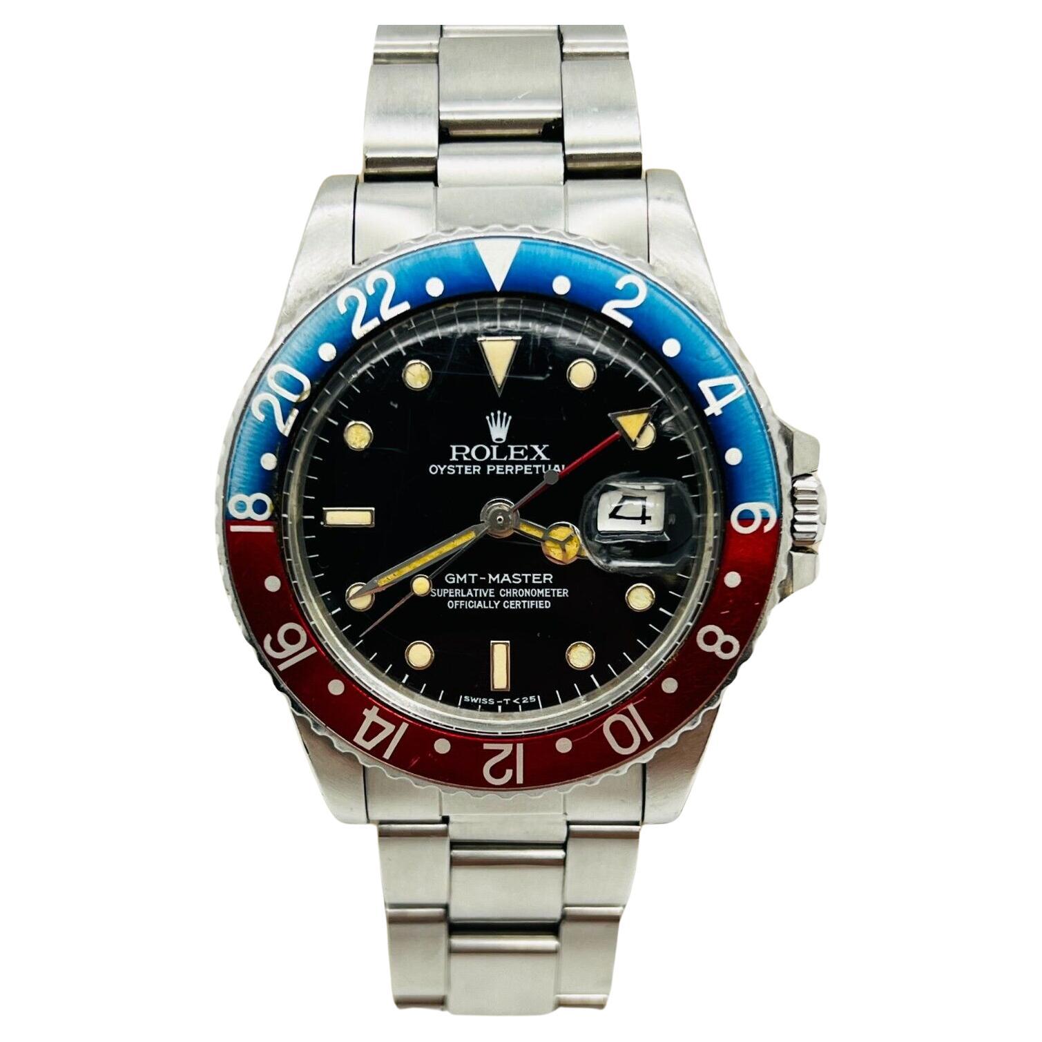 Rare Rolex 16750 GMT Master Pepsi Stainless Steel Original Spider Glossy Dial For Sale