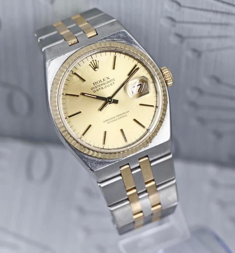 Rare Rolex 17013 OysterQuartz DATEJUST 18K YG & SS 36mm In Good Condition For Sale In Media, PA