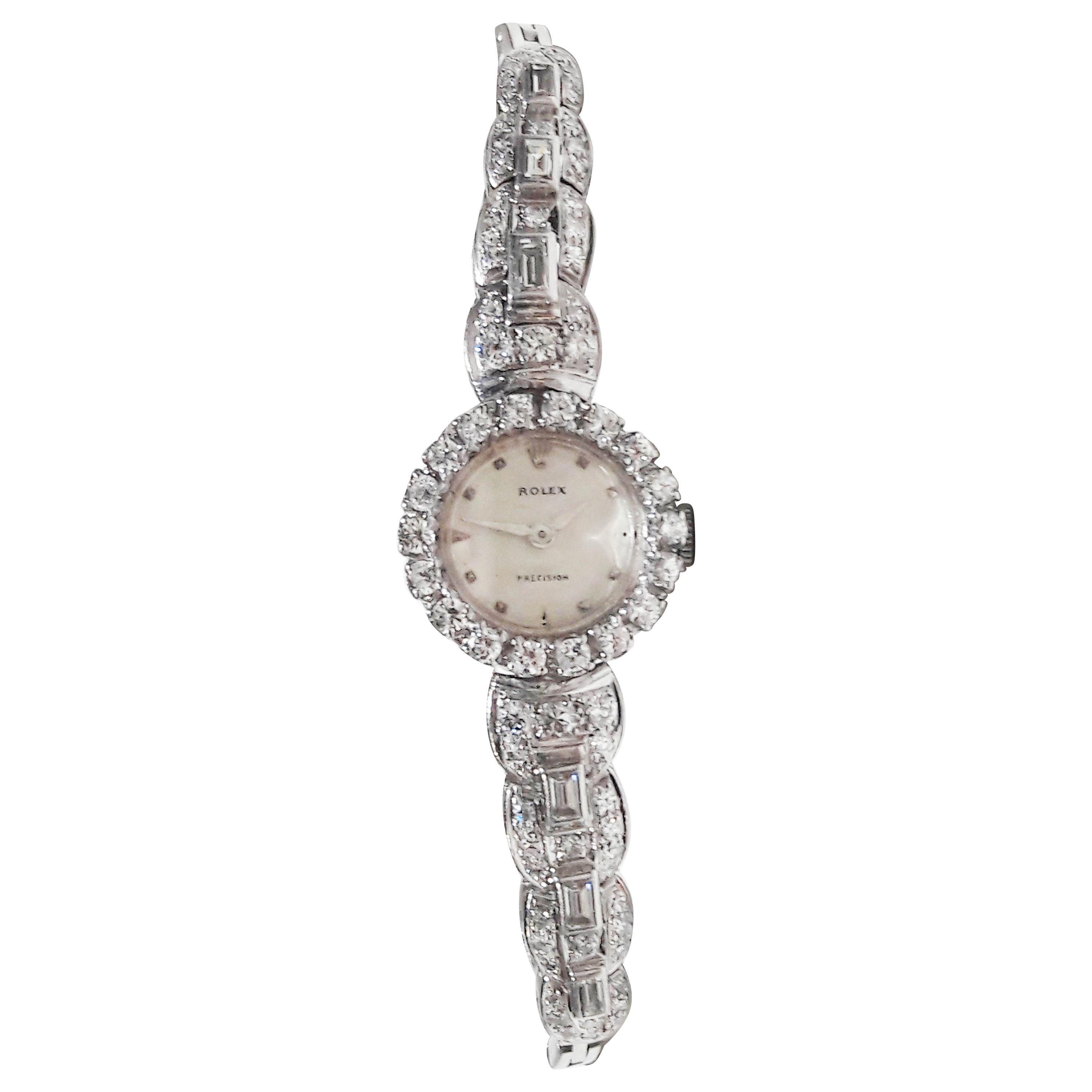  Rolex 18 Karat Brilliant Round and Baguette Diamond Set Bracelet Watch