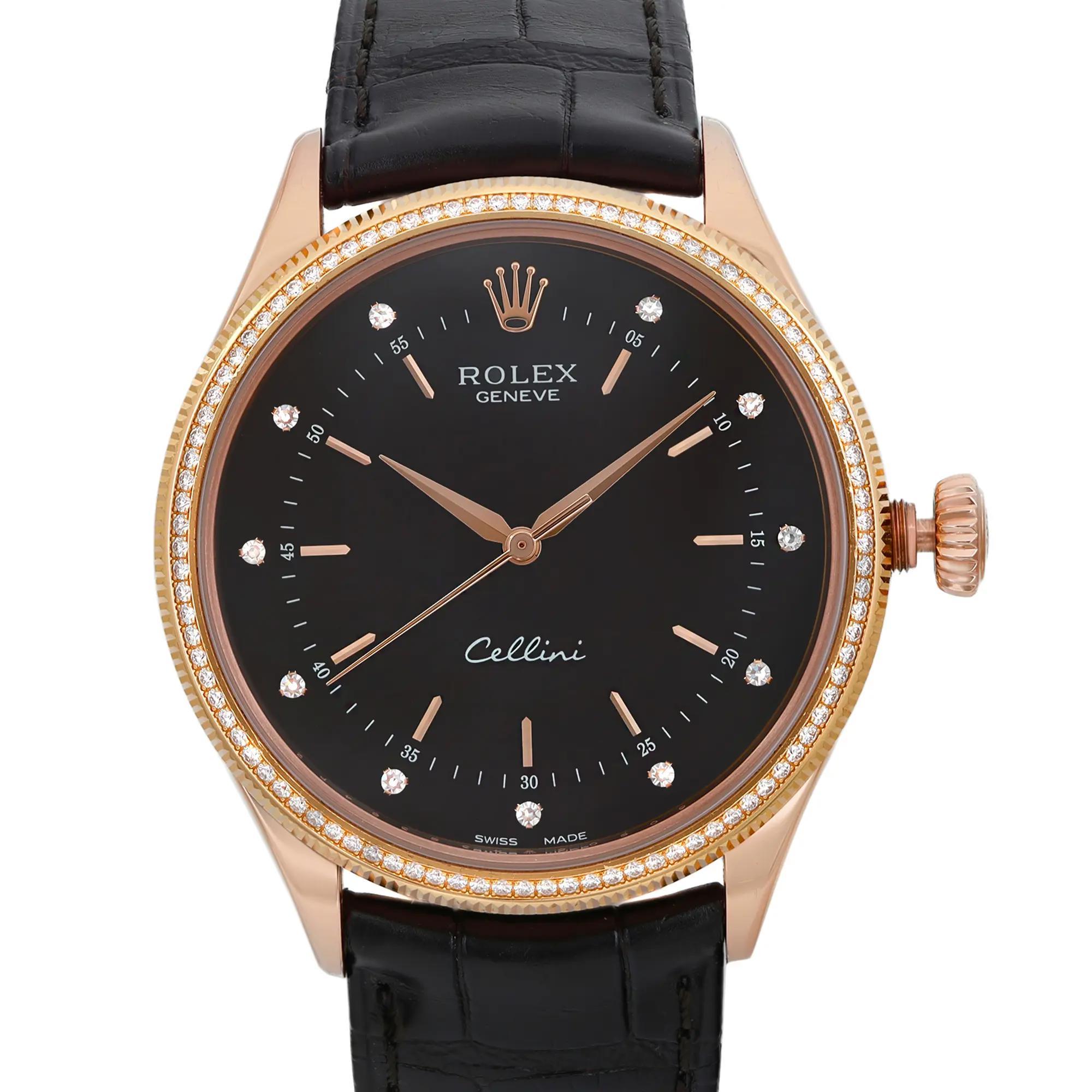 Pre-owned in mint condition. 2018 card. Comes with the original box and papers. Very unique beautiful watch.

General Information

Brand: Rolex
Model: Cellini Time
Model Number: 50605RBR
Type: Wristwatch
Department: Men
Vintage: No
Year