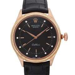 Rare Rolex Cellini Time 18k Rose Gold Black Diamond Dial Men Watch 50605RBR