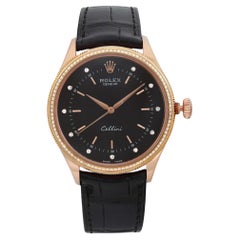 Rare Rolex Cellini Time 18k Rose Gold Black Diamond Dial Men Watch 50605RBR