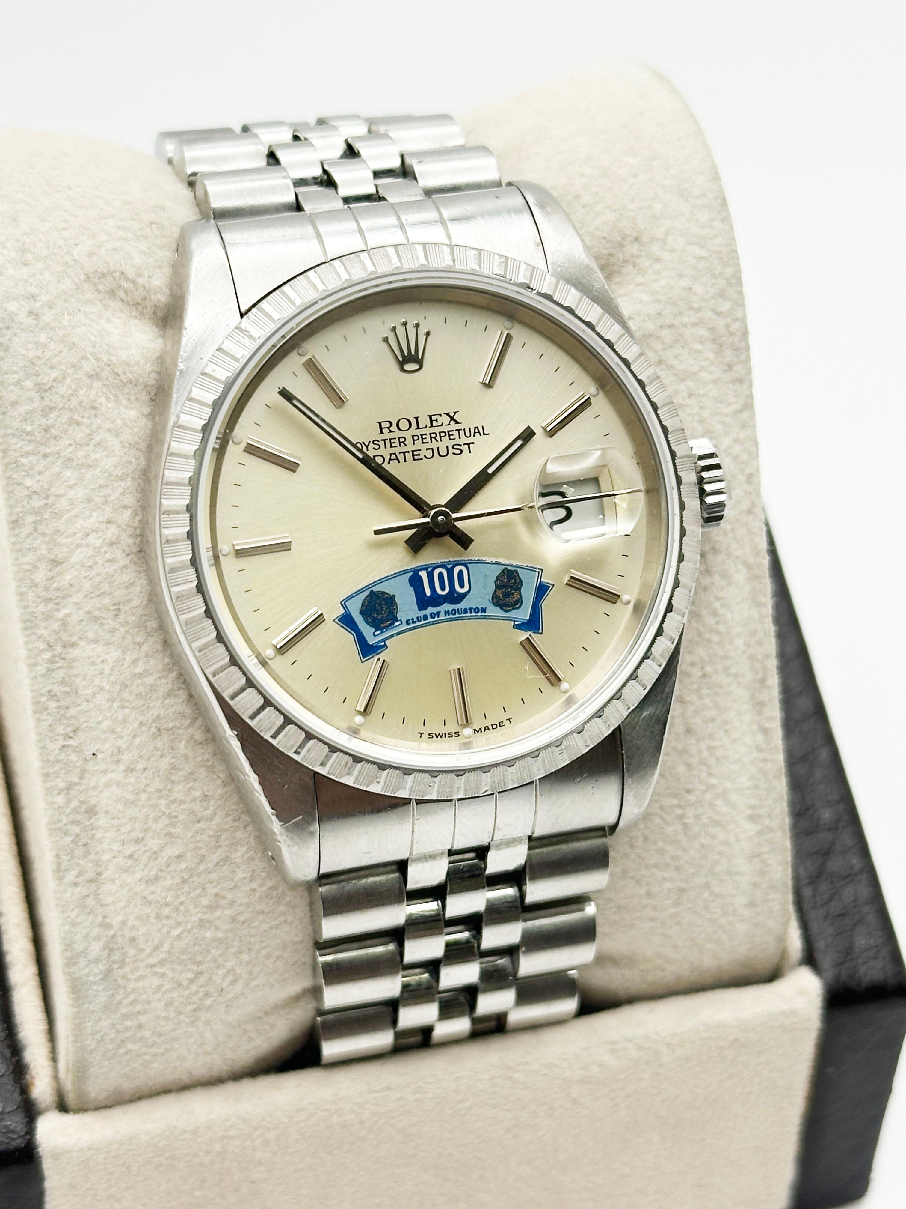 RARE Rolex Datejust 16220 100 CLUB OF HOUSTON Dial 36mm Stainless Steel In Excellent Condition For Sale In San Diego, CA