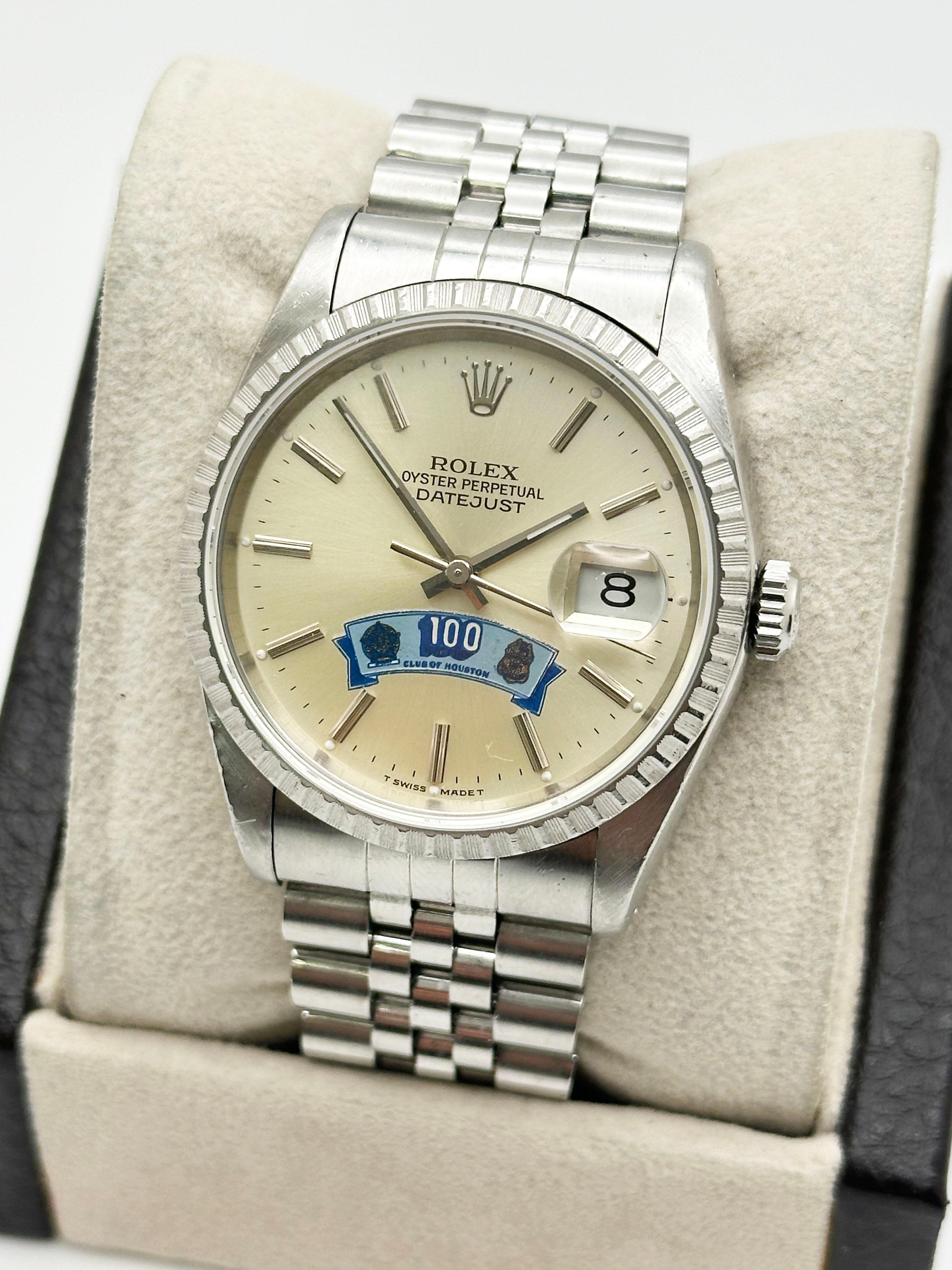 Men's RARE Rolex Datejust 16220 100 CLUB OF HOUSTON Dial 36mm Stainless Steel For Sale