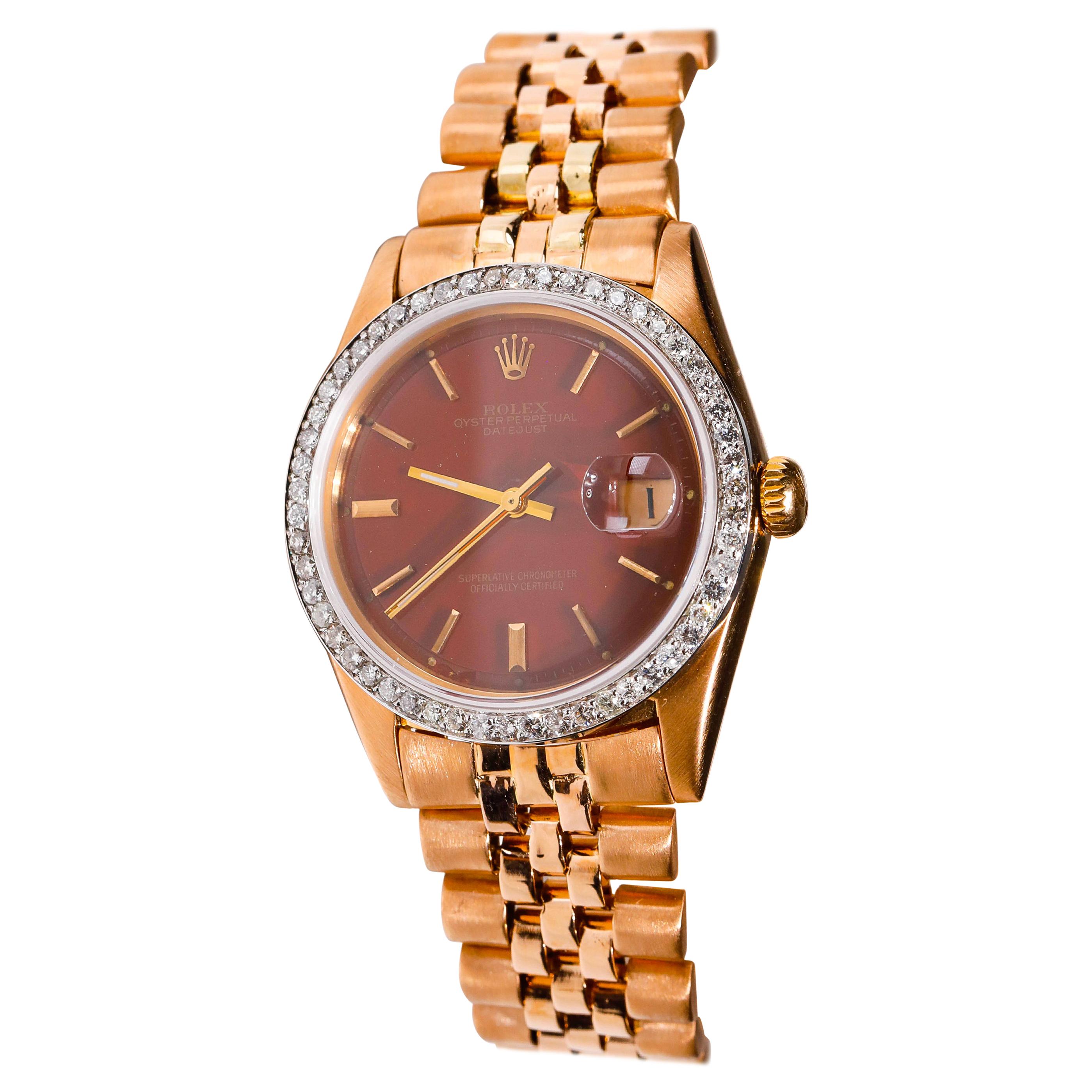 Rare Rolex Datejust 18K Rose Gold Jubilee Custom Diamond Burgundy Dial Watch