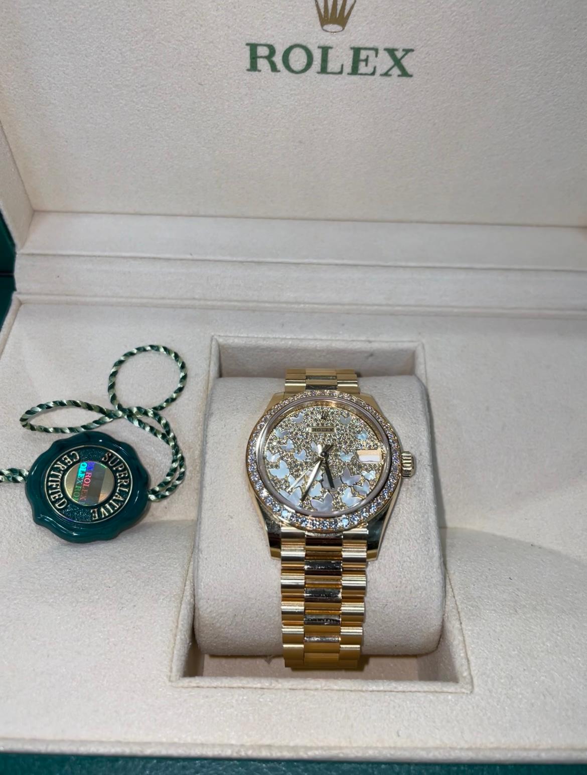 Round Cut RARE Rolex Datejust 31 Yellow Gold President Diamond Butterfly Dial 