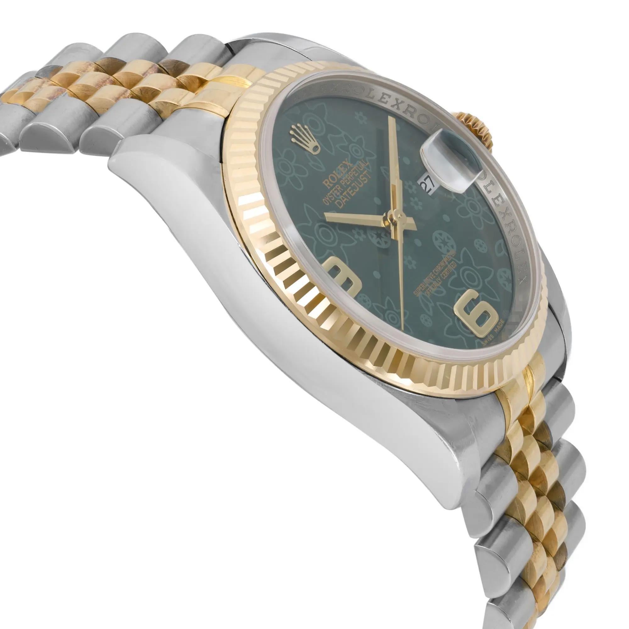 Rare Rolex Datejust 36 18k Gold Green Floral Dial Steel Unisex Watch 116233 For Sale 1
