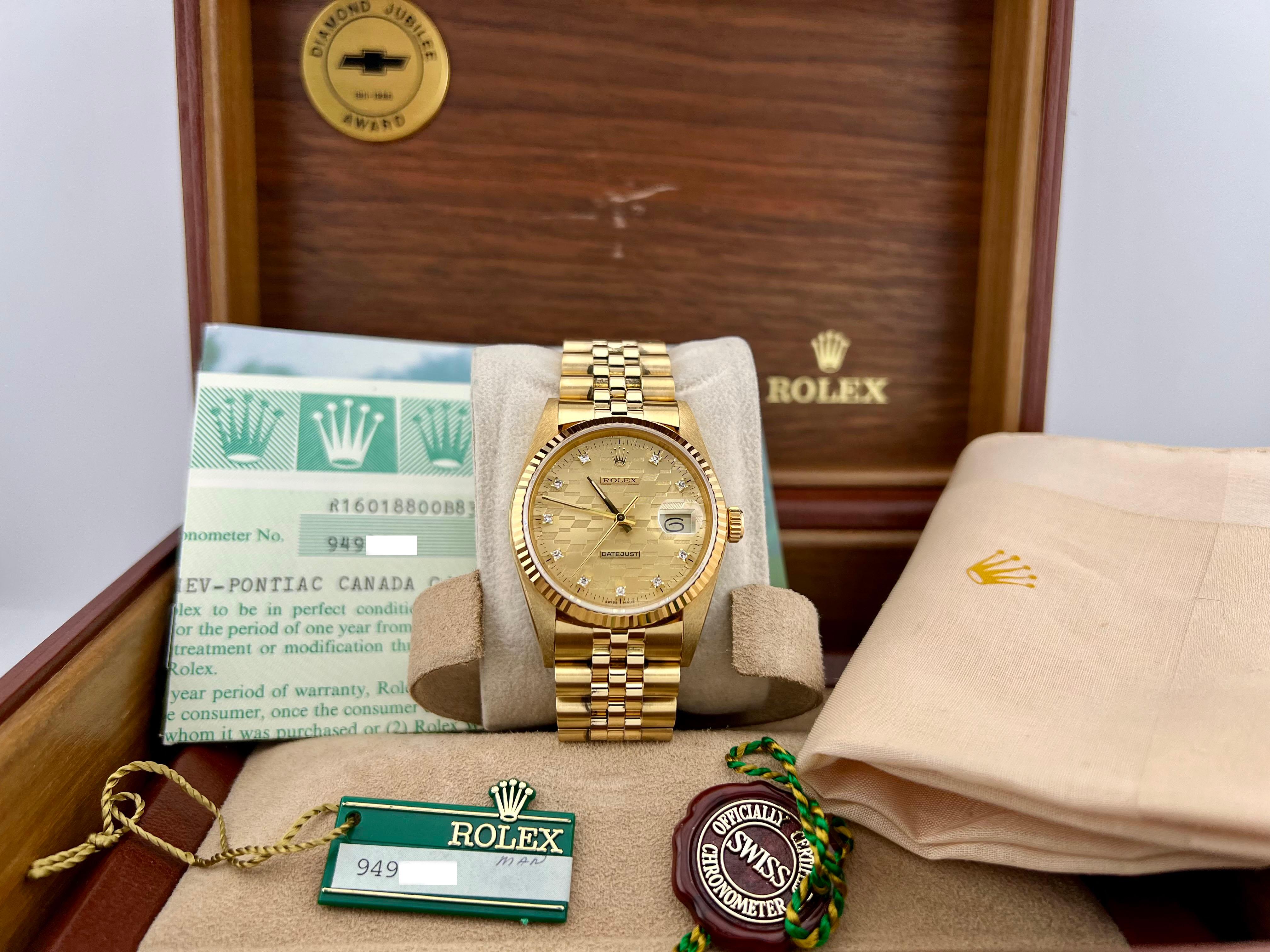 RARE Rolex Datejust DIAMOND CHEVROLET DIAL 16018 18K Yellow Gold Box Paper 36mm In Excellent Condition In San Diego, CA