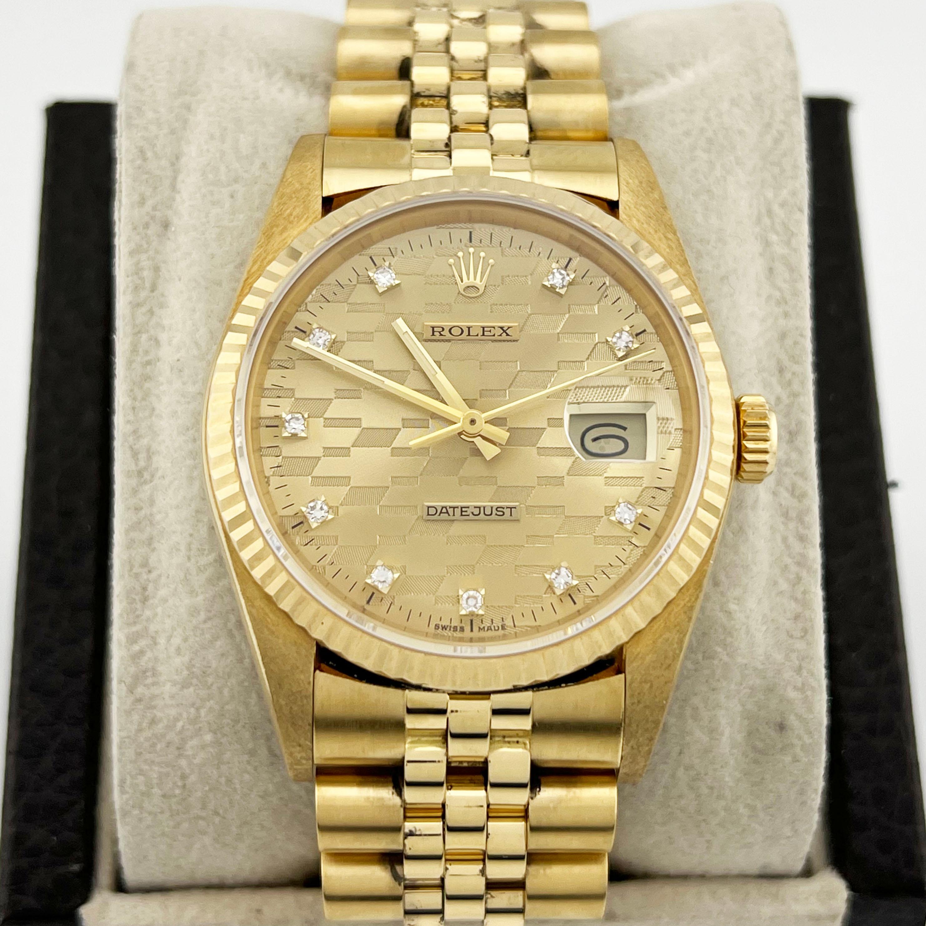 Men's RARE Rolex Datejust DIAMOND CHEVROLET DIAL 16018 18K Yellow Gold Box Paper 36mm