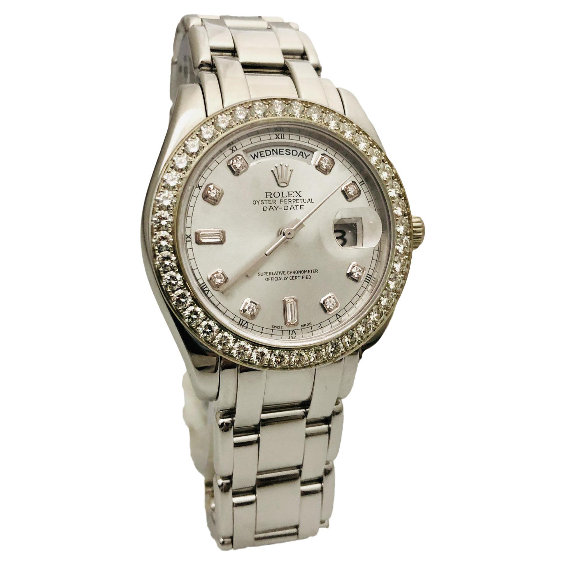 Brand: Rolex 

Model Name: Masterpiece

Model Number: 18946

Movement: Automatic

Case Size: 40 mm

Case Back: Closed 

Case Material:  Platinum 950

Bezel: Factory Diamond

Dial: Silver

Bracelet: Platinum 950

Hour Markers: Diamond

Features: