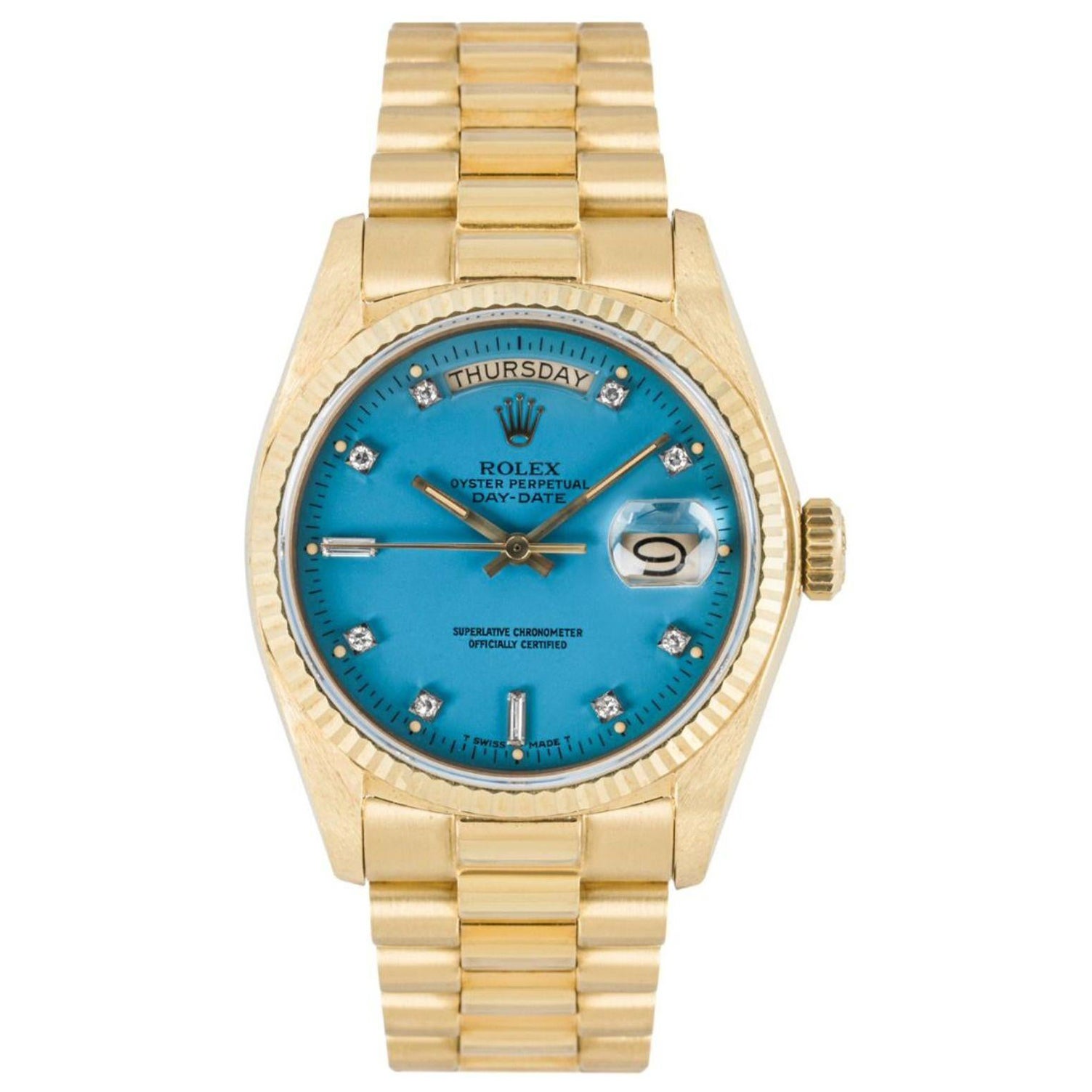 Seltenes Rolex Day-Date Nos Türkis Stella-Diamant-Zifferblatt 18038 im Angebot