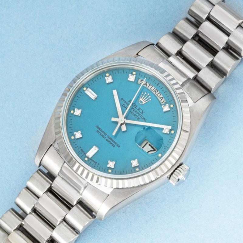 Rare Rolex Day-Date Turquoise Stella Dial 18039 In Excellent Condition For Sale In London, GB