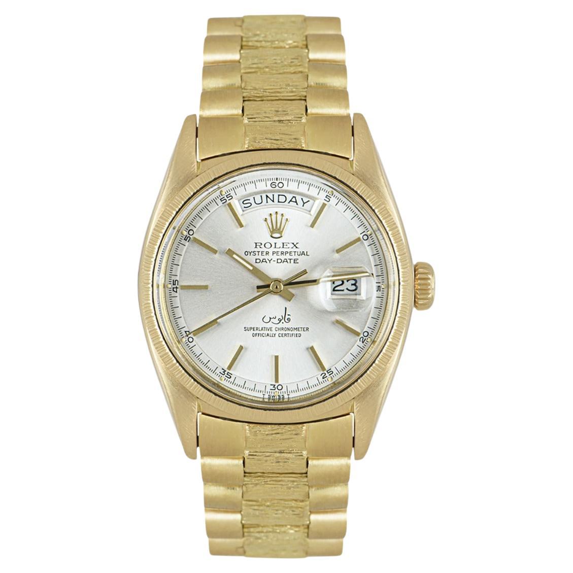 Raro Rolex Day-Date in oro giallo quadrante Qaboos finitura corteccia 1807