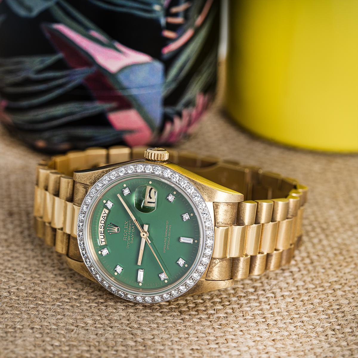 Rare Rolex NOS Day-Date Green Stella Dial Diamond Set 18048 In New Condition For Sale In London, GB