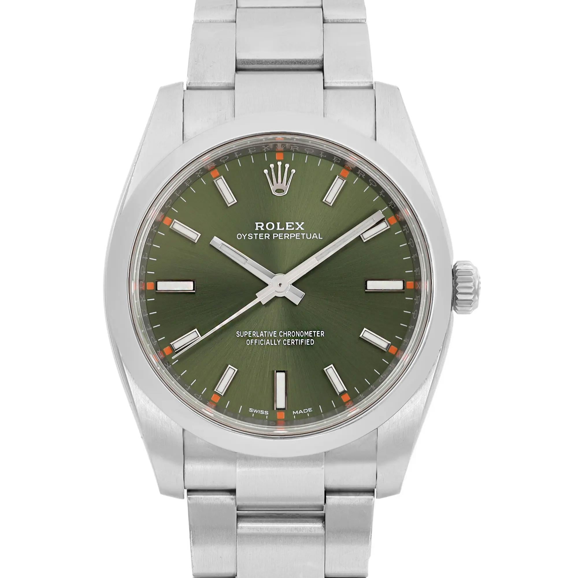 Pre-Owned. Excellent condition. Rare green Dial. Scrambled Serial.  No original box and papers.

General Information
Brand: Rolex
Model Name: Rolex Oyster Perpetual
Model Number: 114200
Country/Region of Manufacture: Switzerland
Year Manufactured: