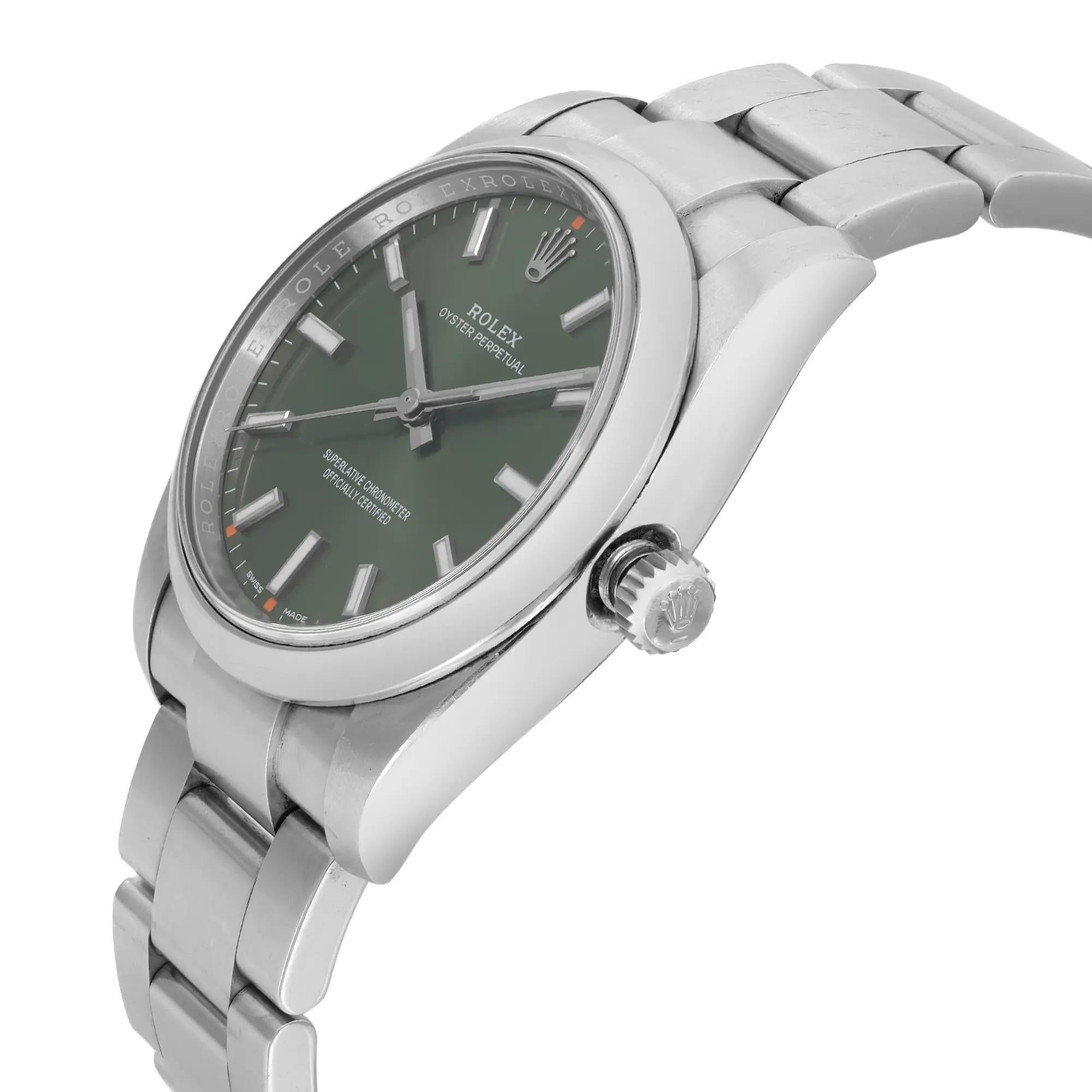 Rare Rolex Oyster Perpetual 34 Steel Olive Green Dial Automatic Watch 114200 In Excellent Condition In New York, NY