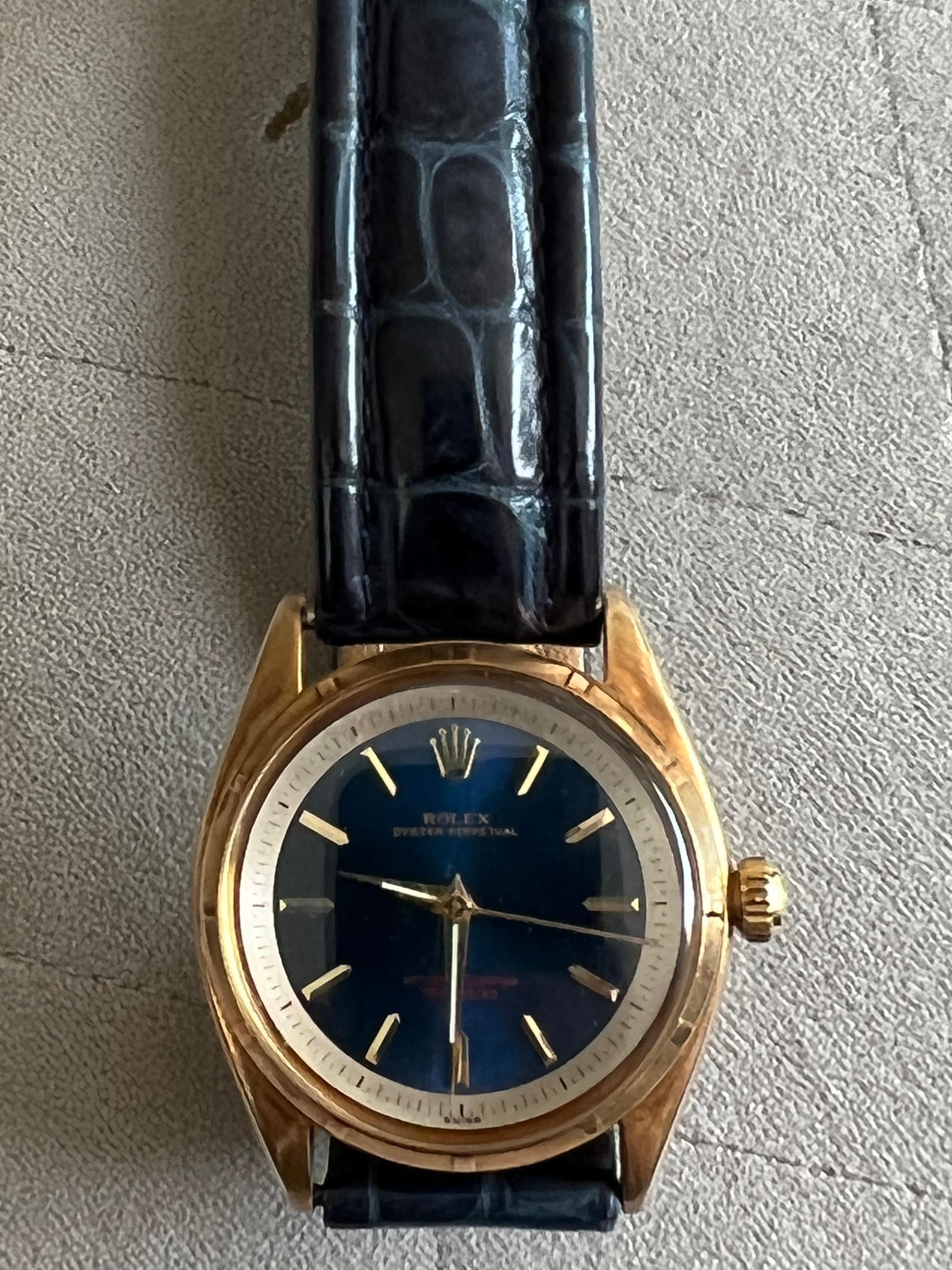 Very Rare Rolex Oyster Perpetual Blue Dial and Gold Case In Excellent Condition In New York, NY