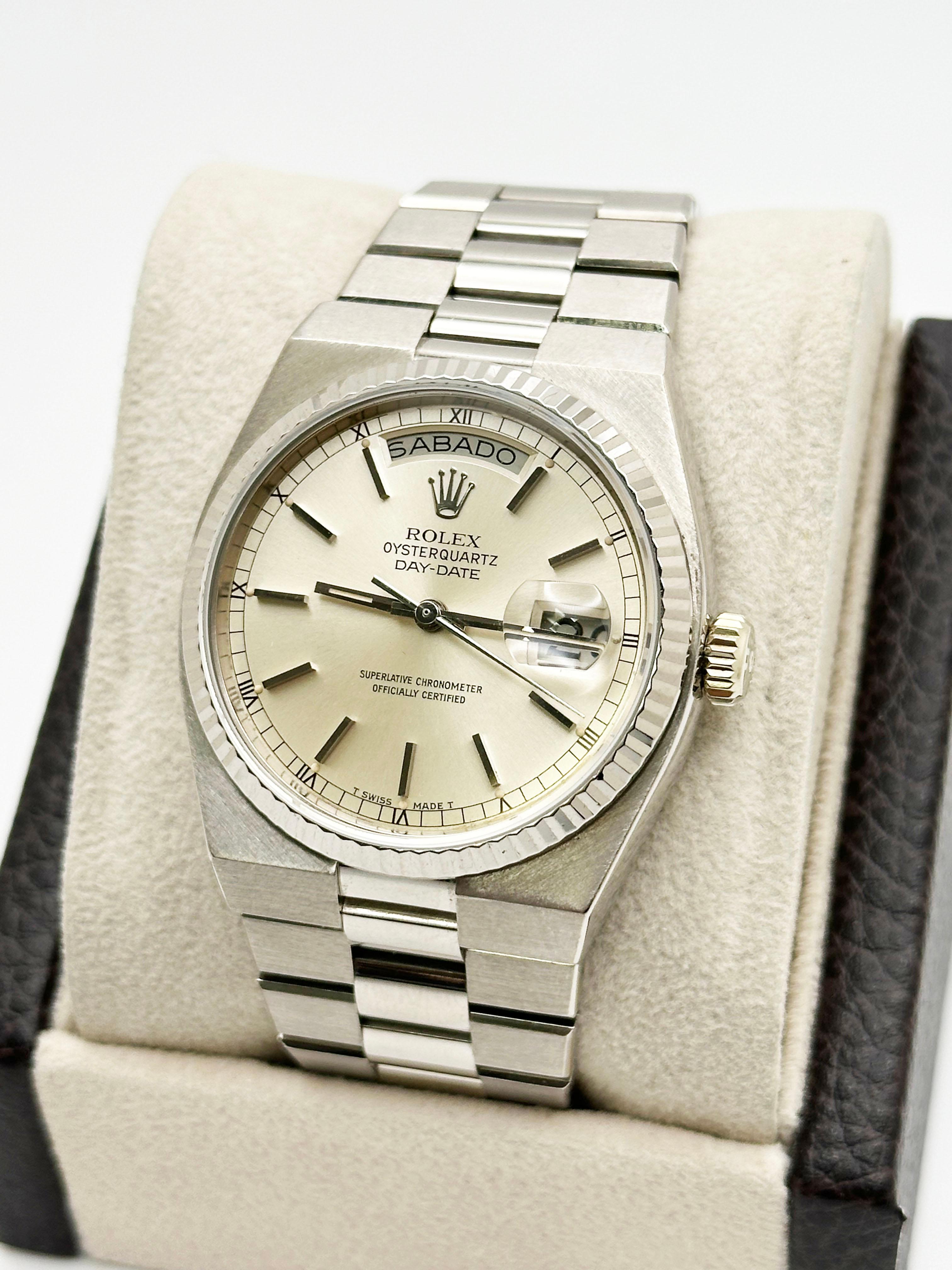Men's RARE Rolex Oysterquartz Day Date 19019 18K White Gold 36mm For Sale