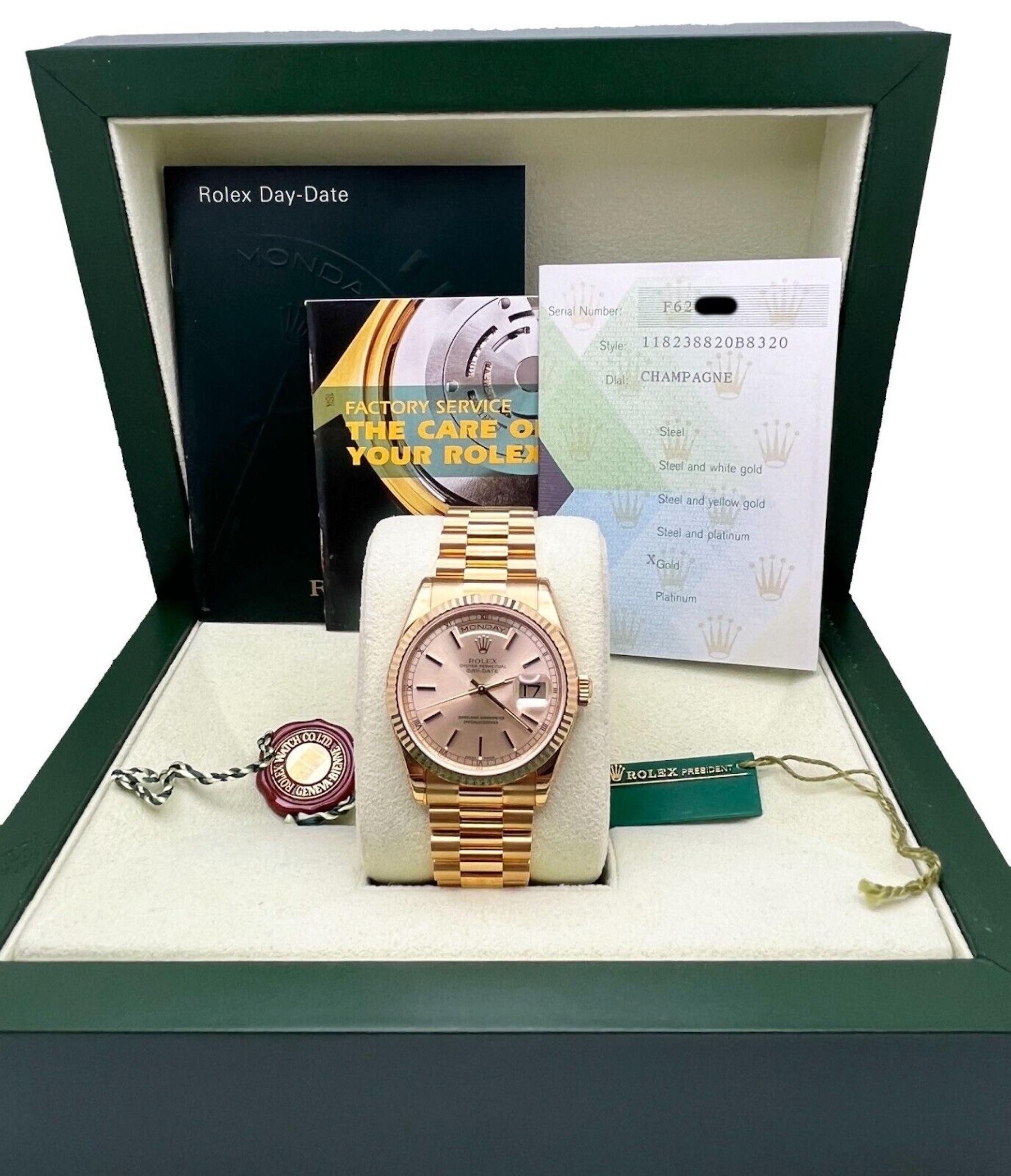 Rare Rolex President 118238 Champagne 18K Yellow Gold Box Paper With STICKERS For Sale 7