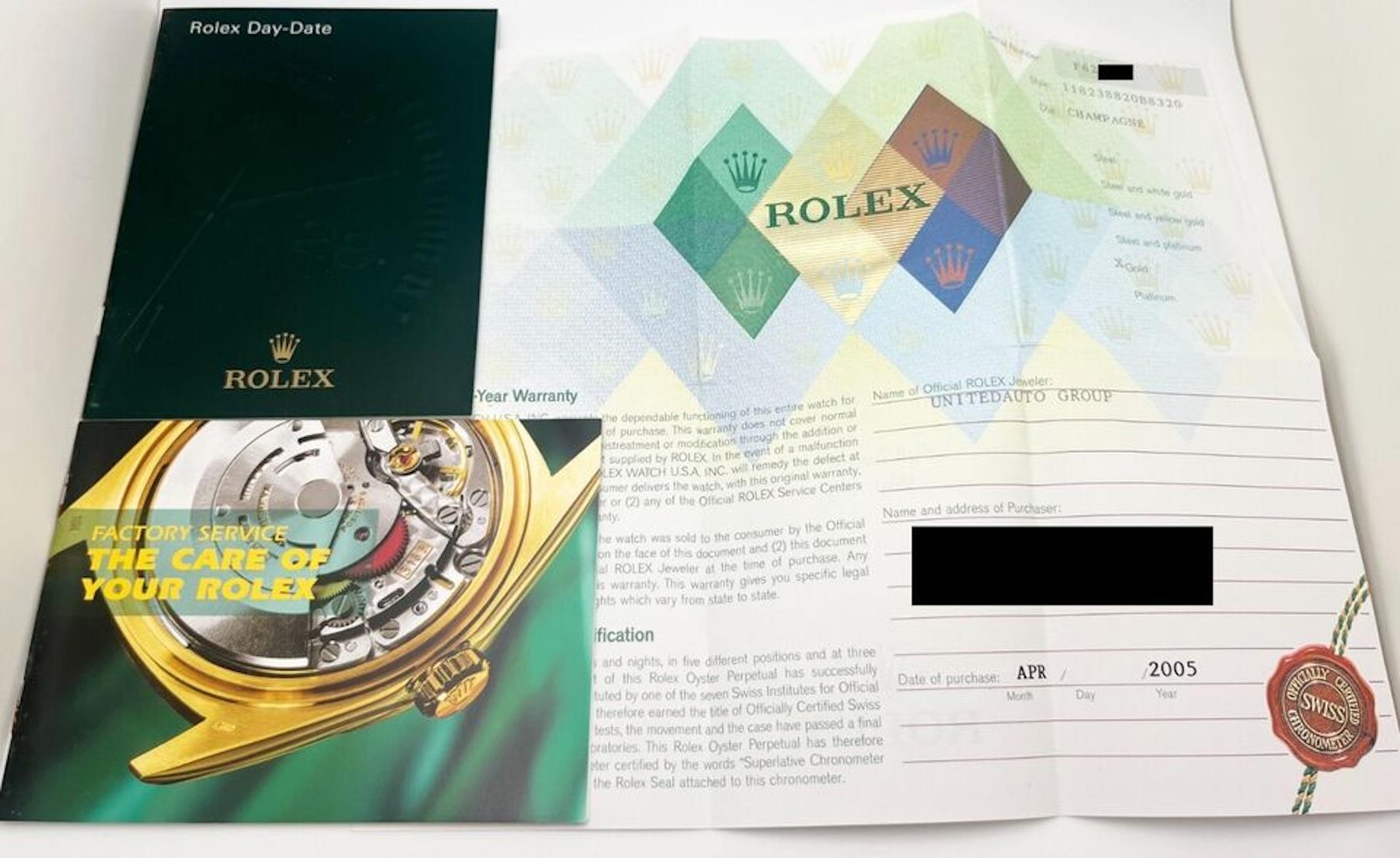 Rare Rolex President 118238 Champagne 18K Yellow Gold Box Paper With STICKERS For Sale 4