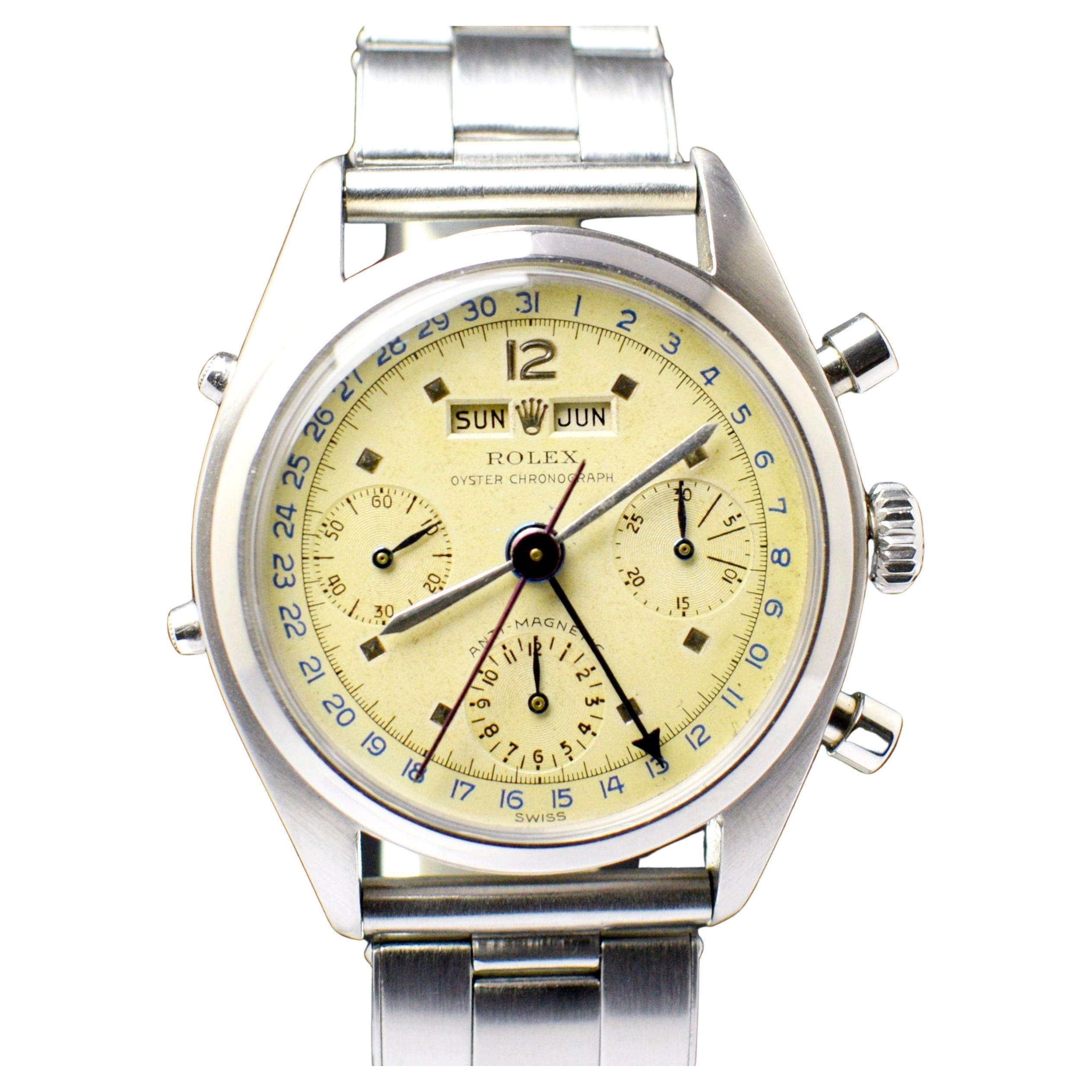 Rare Rolex Steel Killy Triple Date Calendar Chronograph Manual 6036 Watch, 1954 For Sale