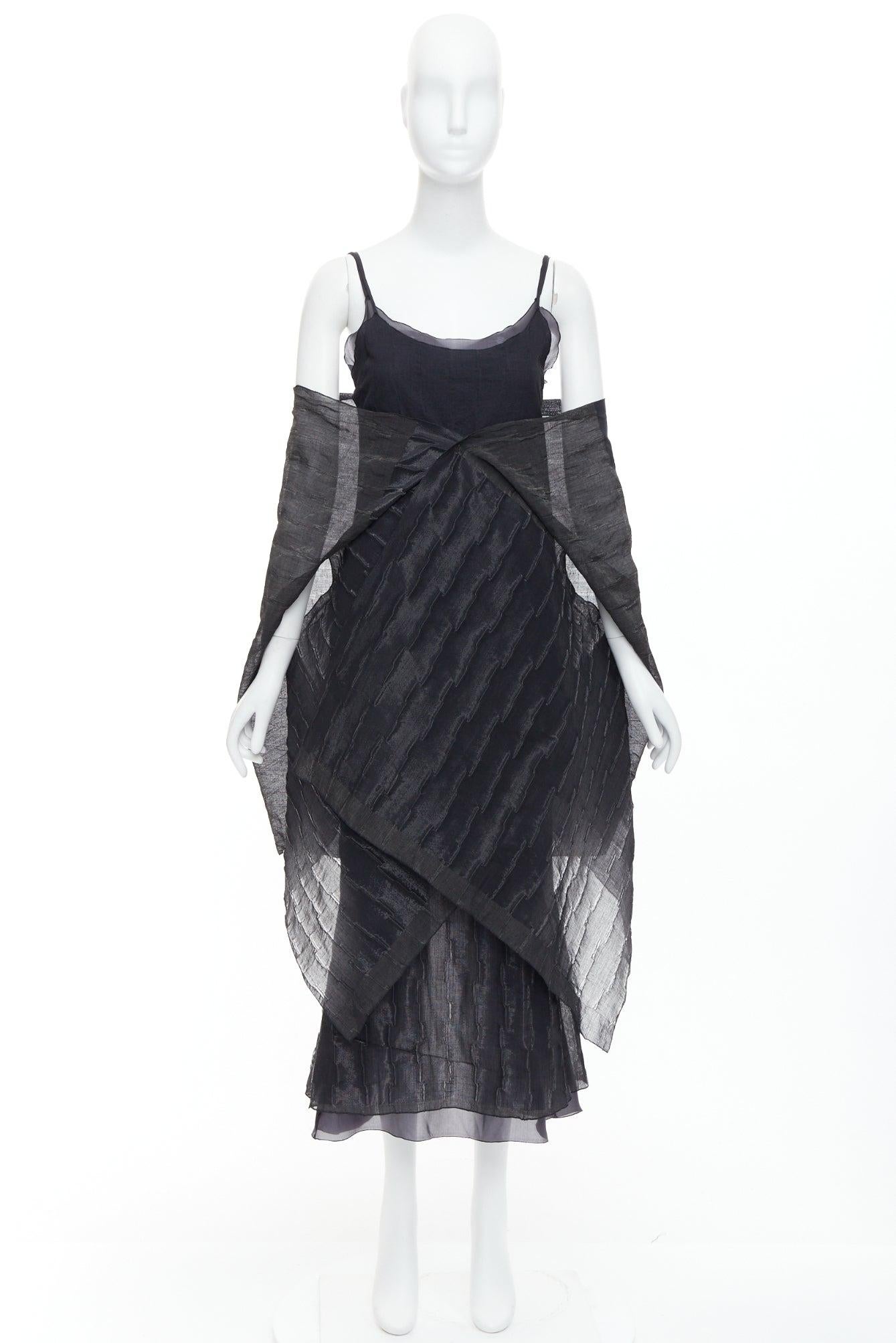 rare ROMEO GIGLI Vintage black wool blend crinkled dress sheer shawl IT42 M For Sale 6