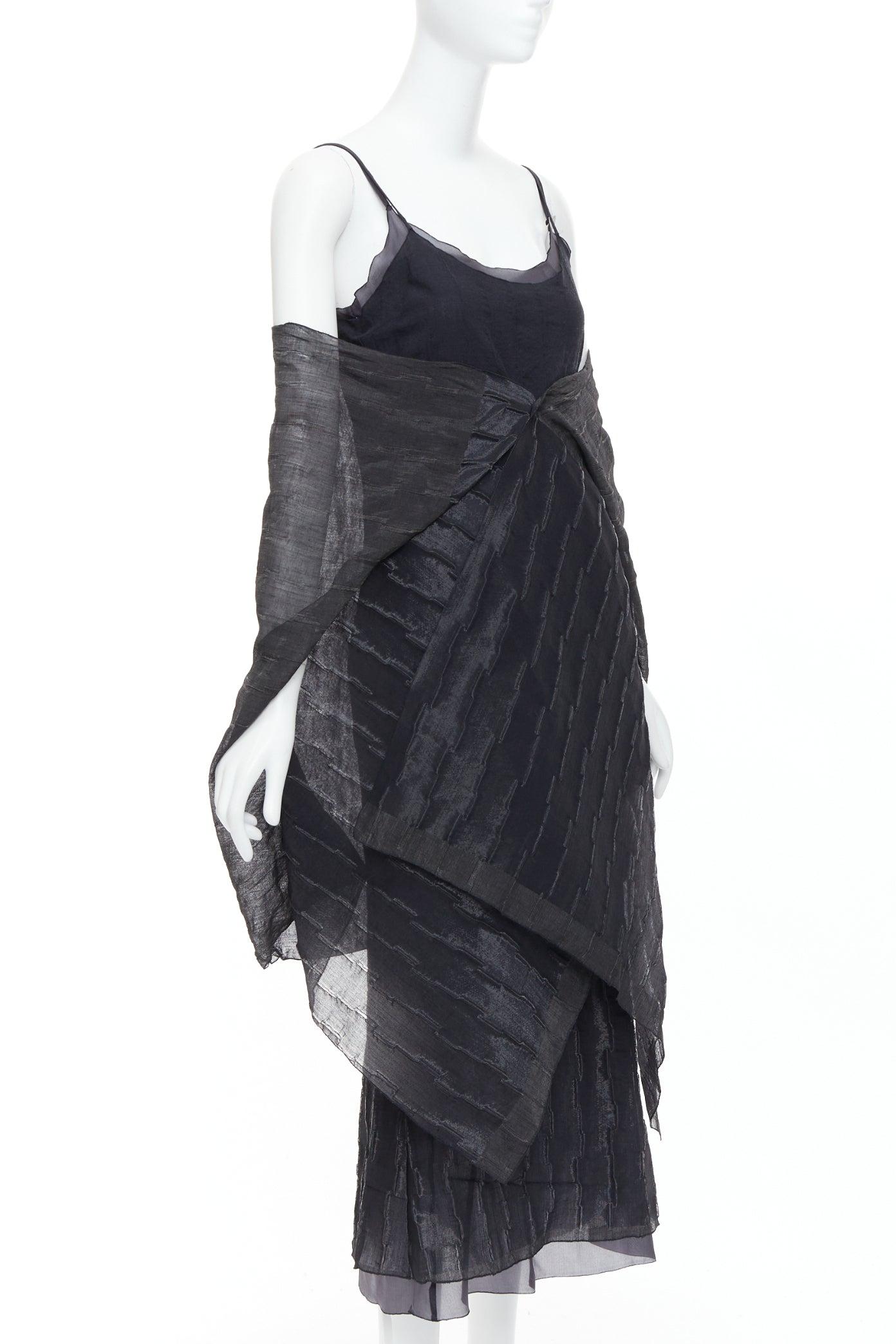 Black rare ROMEO GIGLI Vintage black wool blend crinkled dress sheer shawl IT42 M For Sale