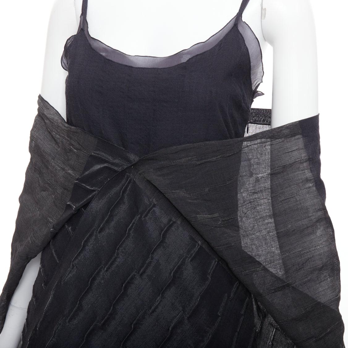 rare ROMEO GIGLI Vintage black wool blend crinkled dress sheer shawl IT42 M For Sale 3