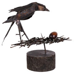 Rare Ron Schmidt Brutalist Metal Bird Sculpture on Nest of Nails