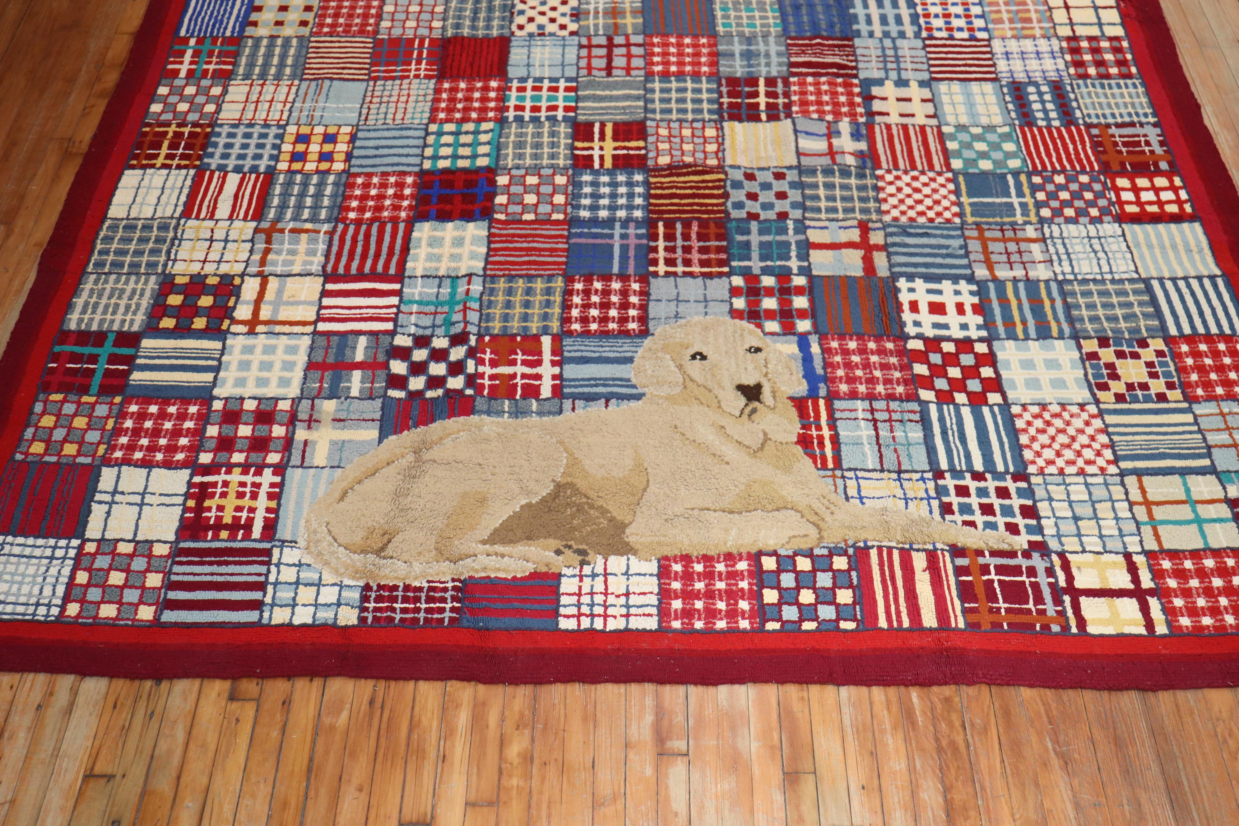 Rare Room Size Large Dog American Hooked Rug For Sale 7