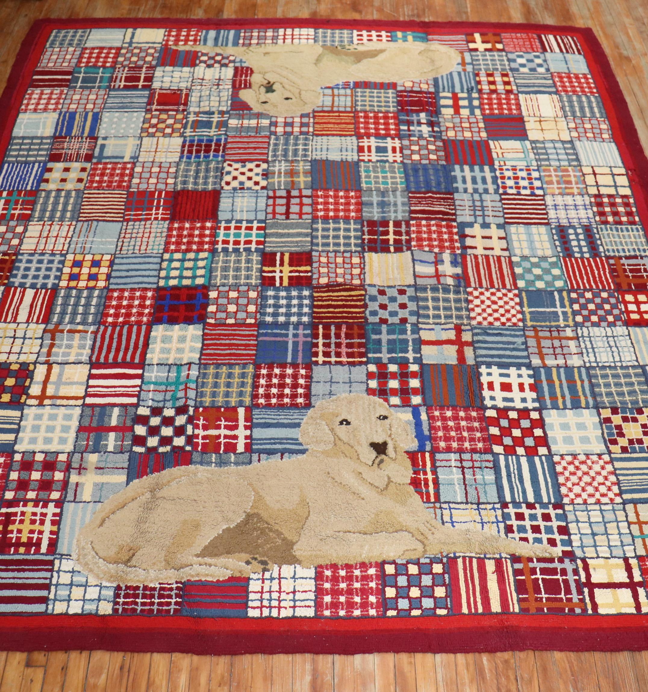 Rare Room Size Large Dog American Hooked Rug For Sale 8