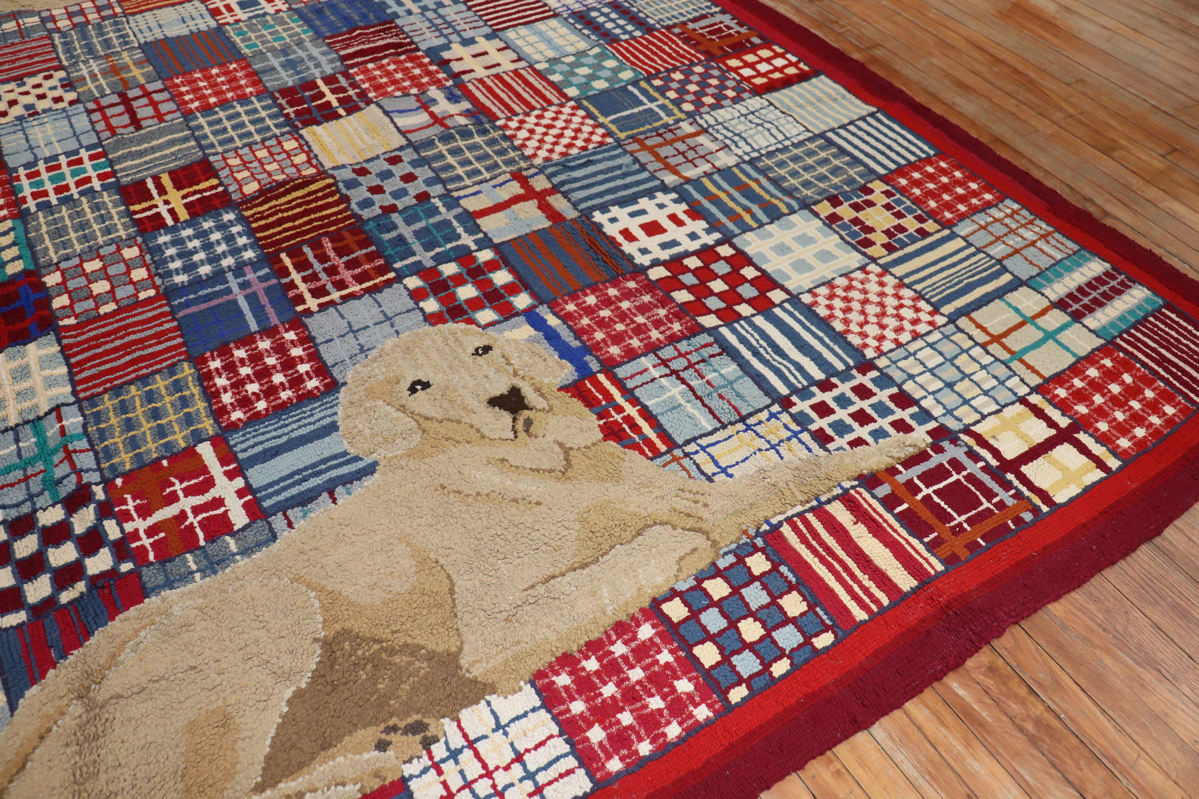 A handmade American hooked rug from the middle of the 20th century depicting 2 large dogs on all over square plaid pattern. Condition is really nice. No stains, no tears, has been professionally cleaned. 

Measures: 10' x 11'9''.