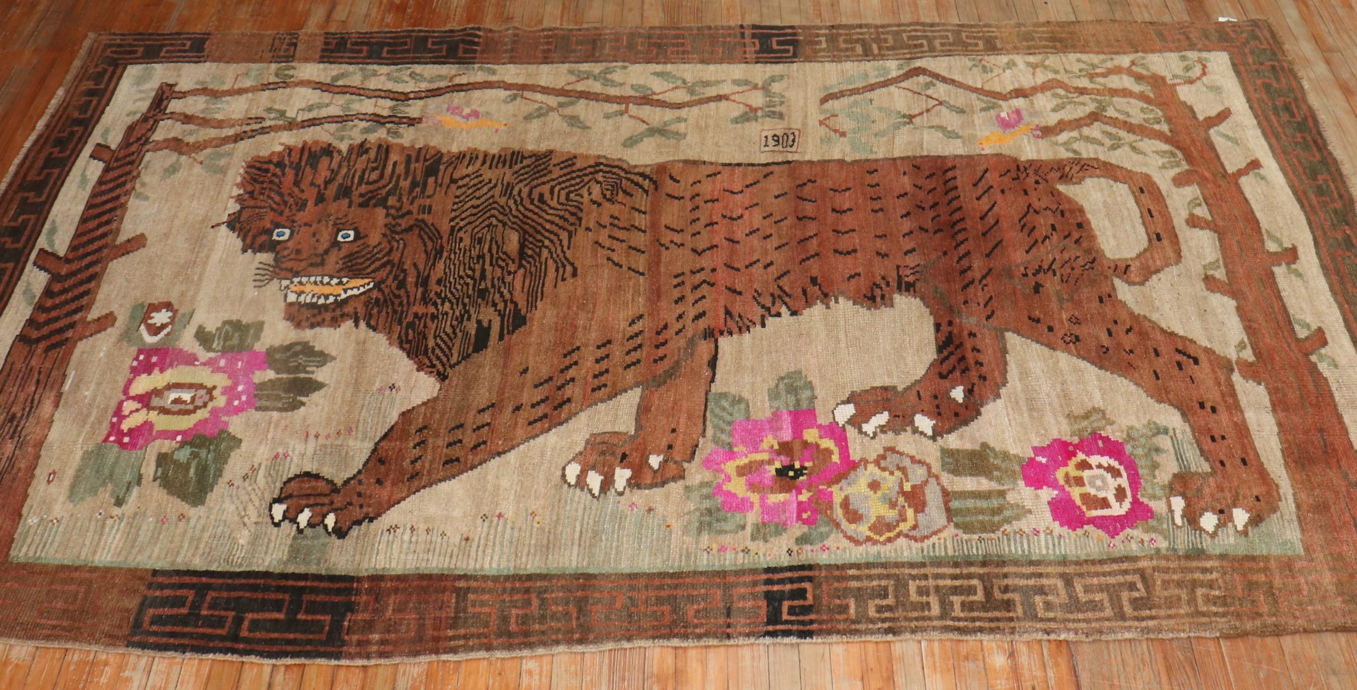 Folk Art Rare Room size Lion Turkish Rug Dated 1903 For Sale
