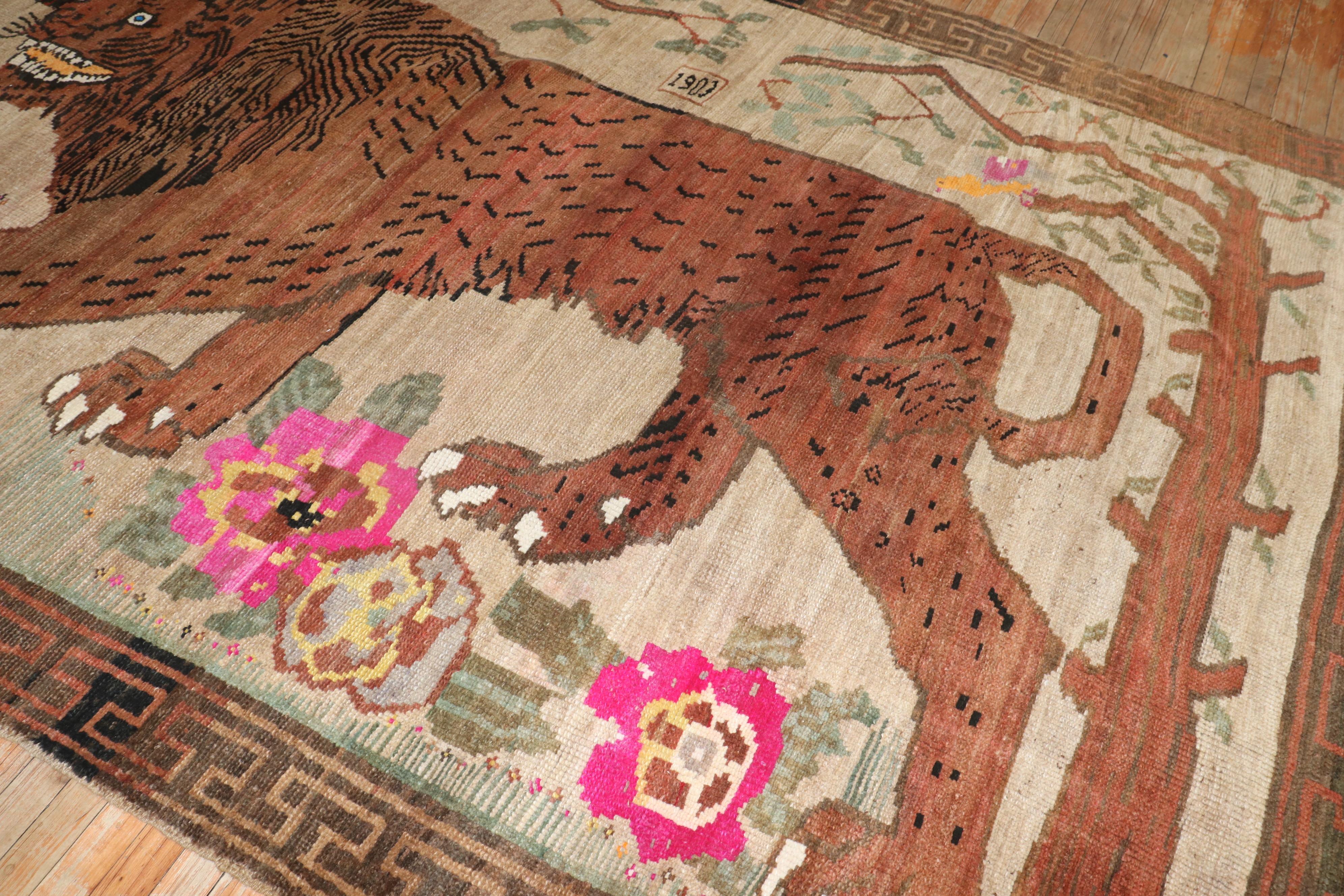 Hand-Woven Rare Room size Lion Turkish Rug Dated 1903 For Sale