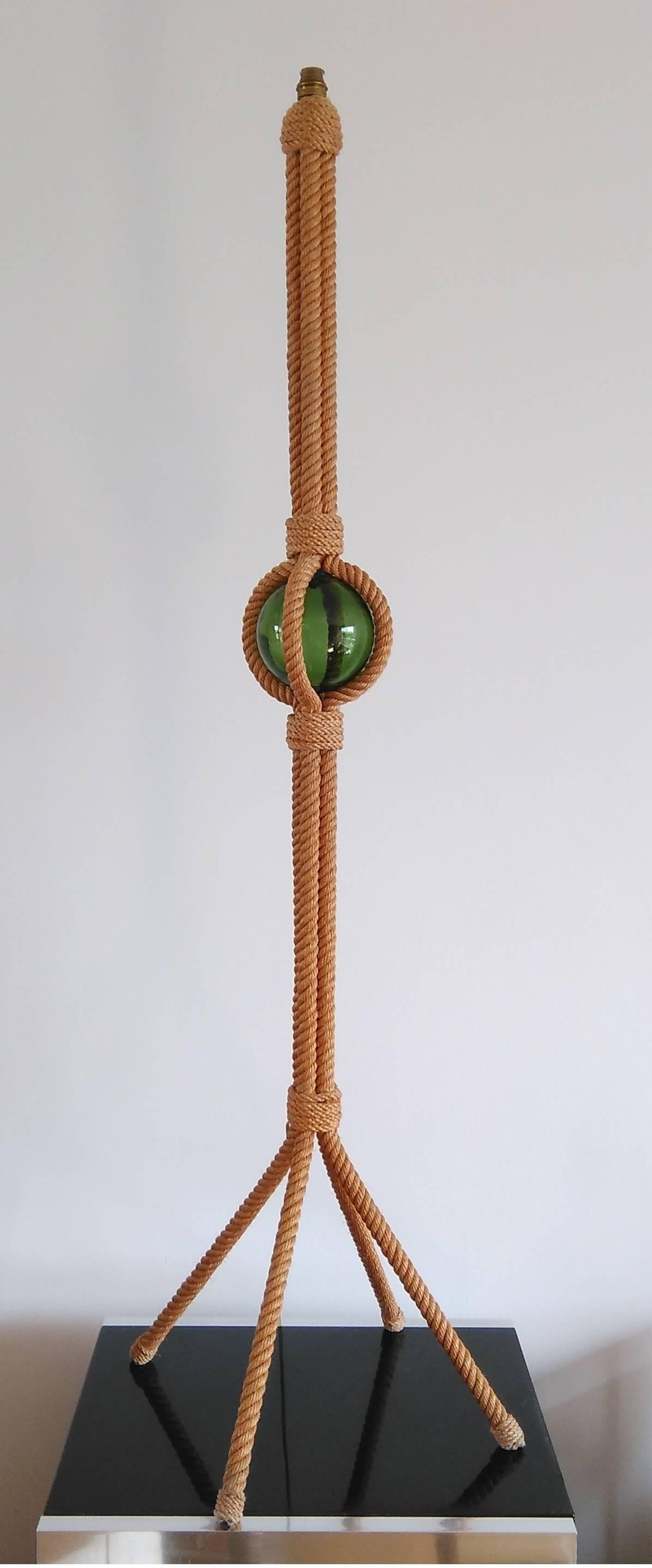 French Rare Rope and Green Glass Tripod Floor Lamp by Audoux Minet, France, 1960s