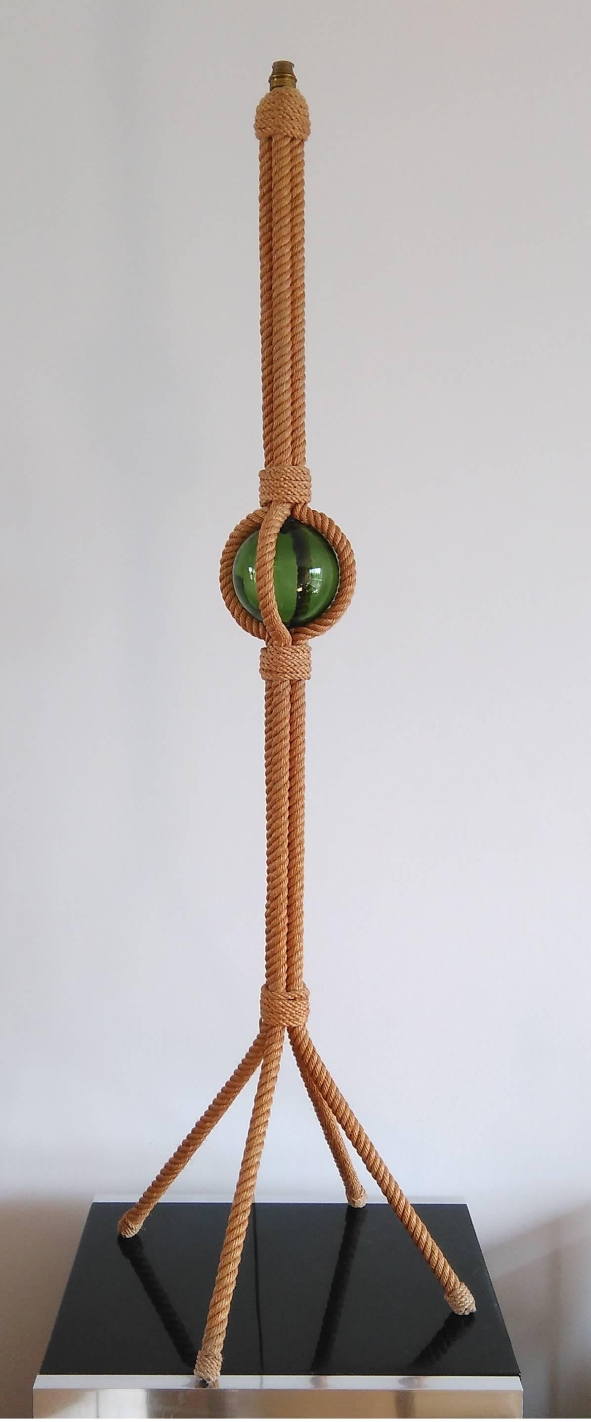 French Rare Rope and Green Glass Tripod Floor Lamp by Audoux Minet, France, 1960s For Sale