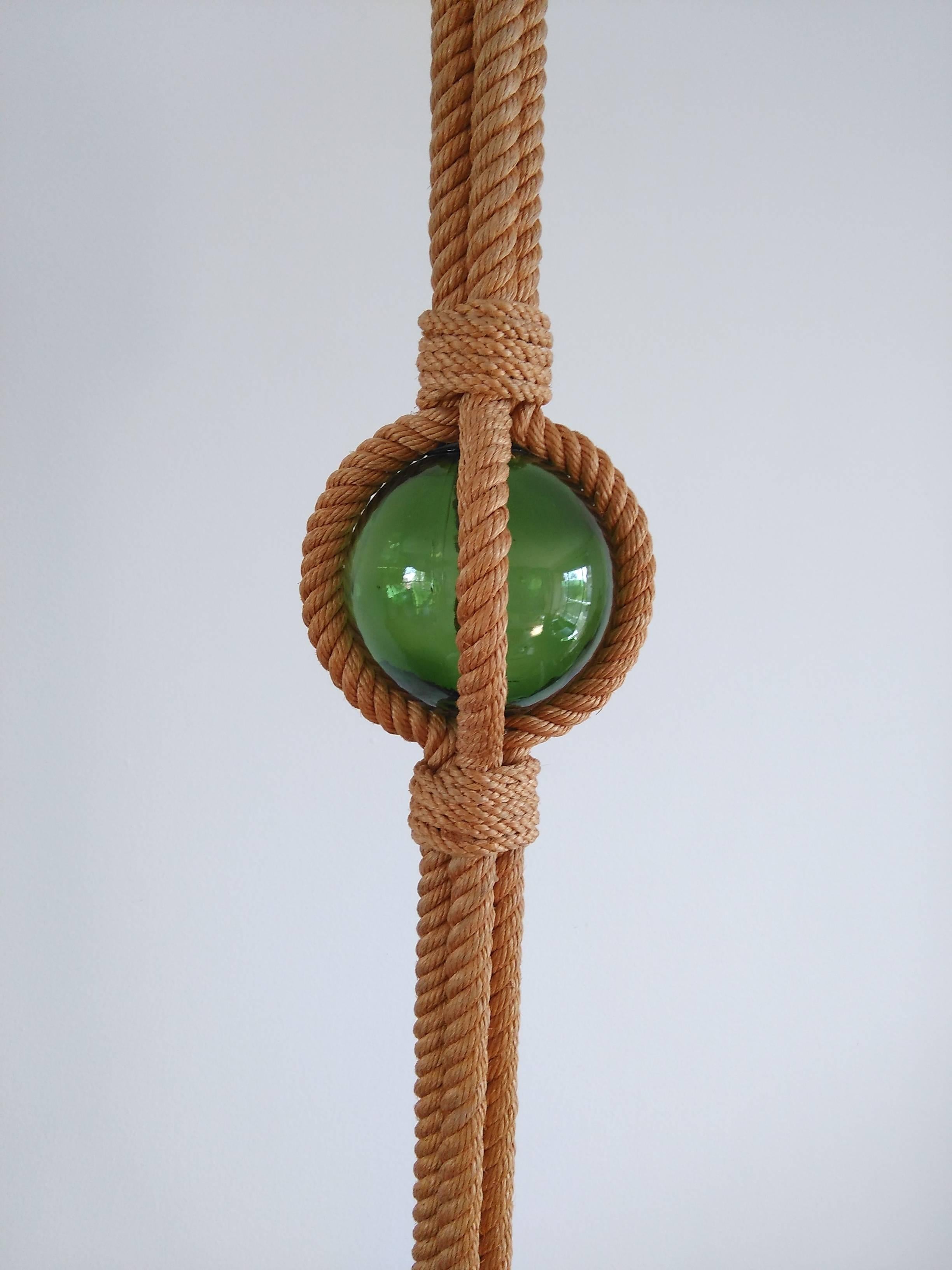 Mid-20th Century Rare Rope and Green Glass Tripod Floor Lamp by Audoux Minet, France, 1960s