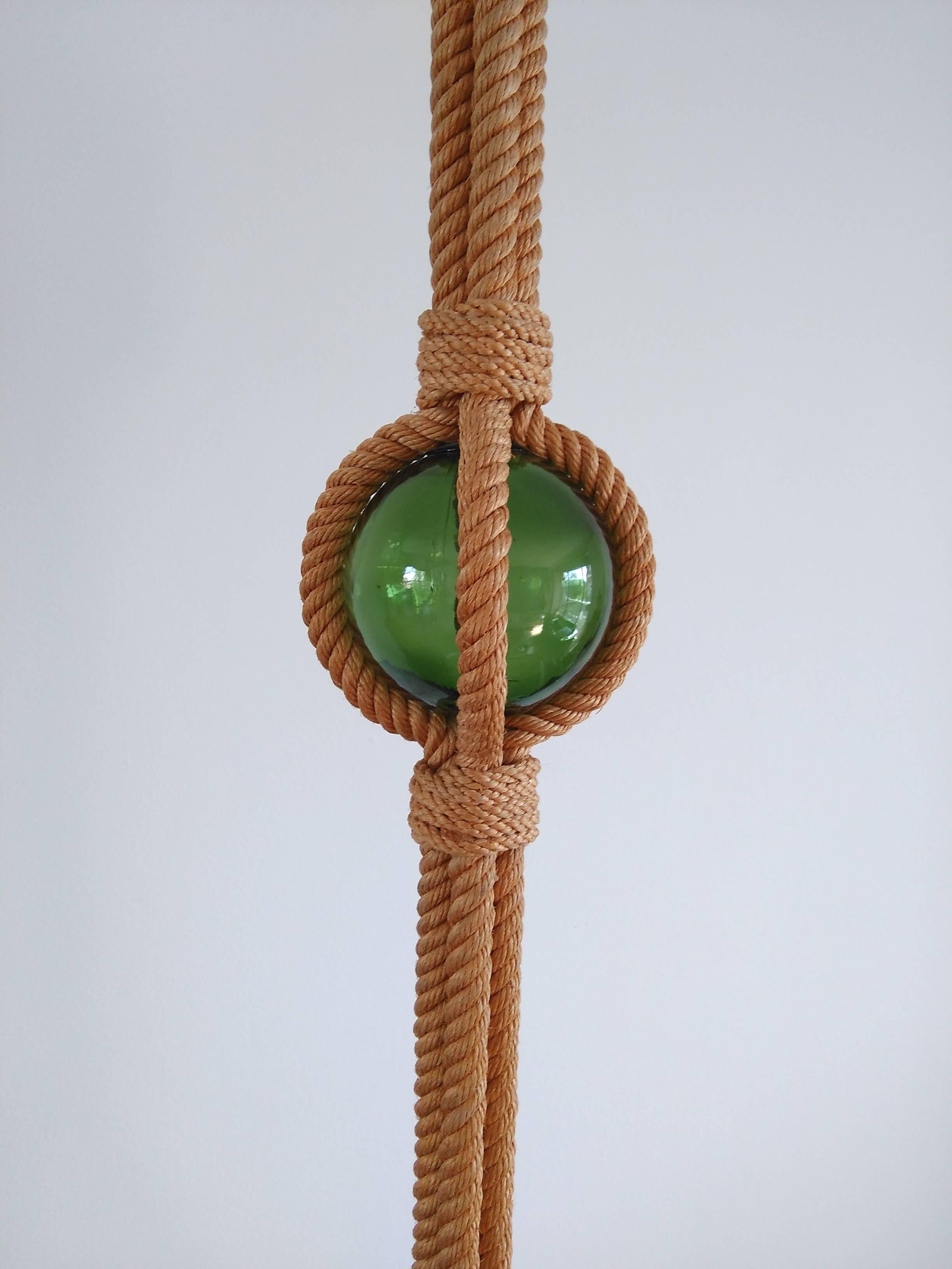 Mid-20th Century Rare Rope and Green Glass Tripod Floor Lamp by Audoux Minet, France, 1960s For Sale