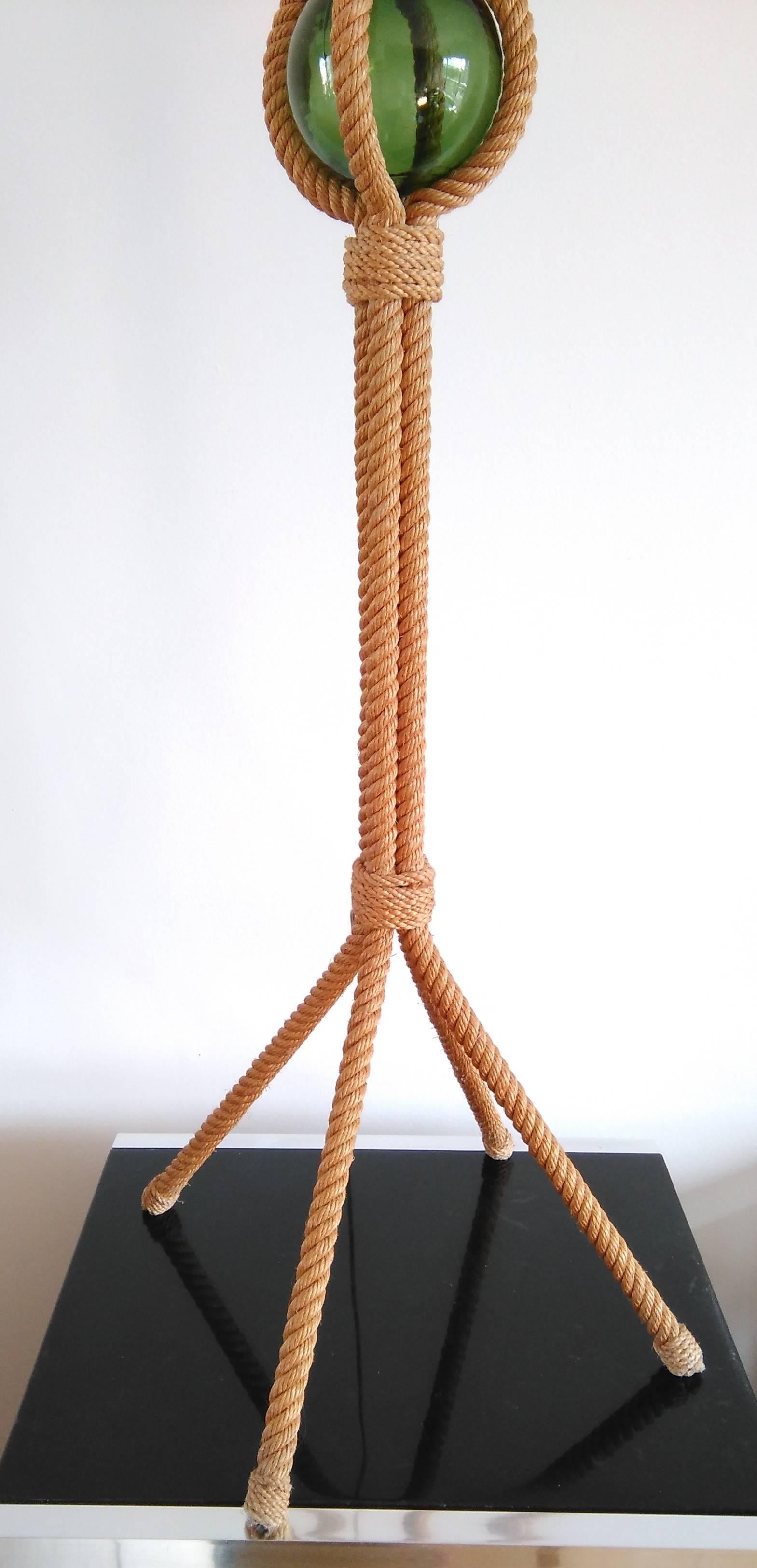 Rare Rope and Green Glass Tripod Floor Lamp by Audoux Minet, France, 1960s For Sale 2